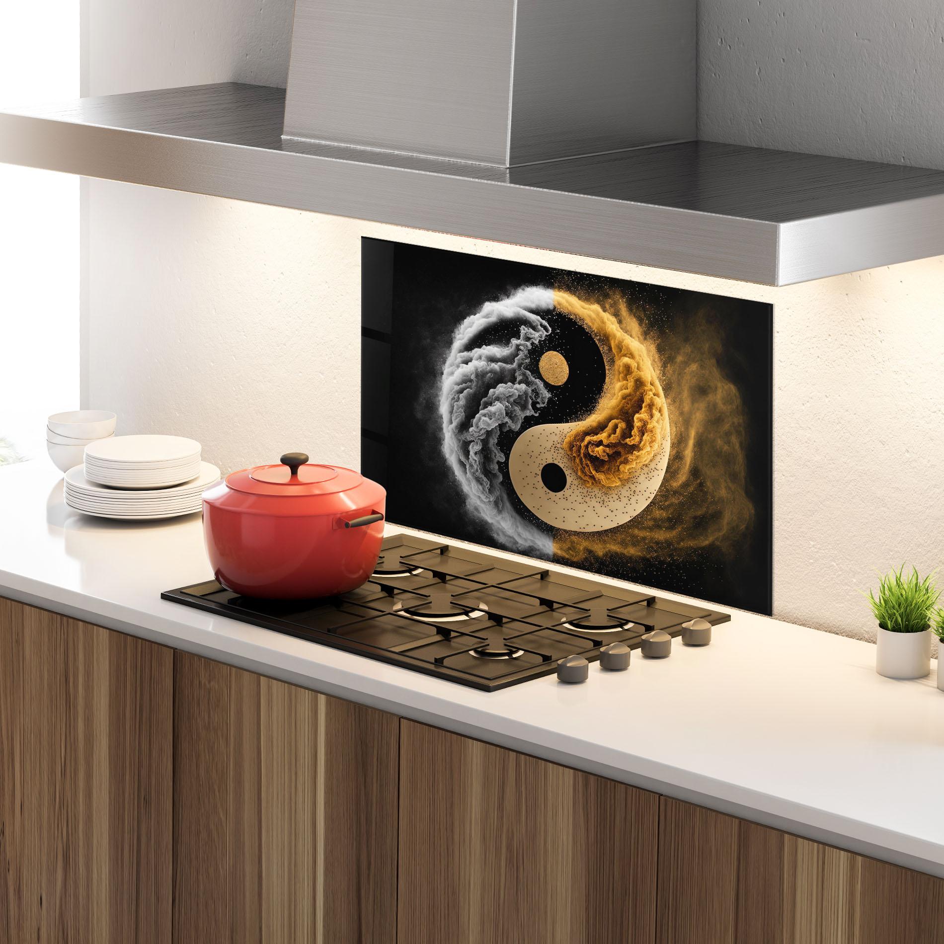 Küchenrückwand Glas Cream Smoke Yinyang mockup 4