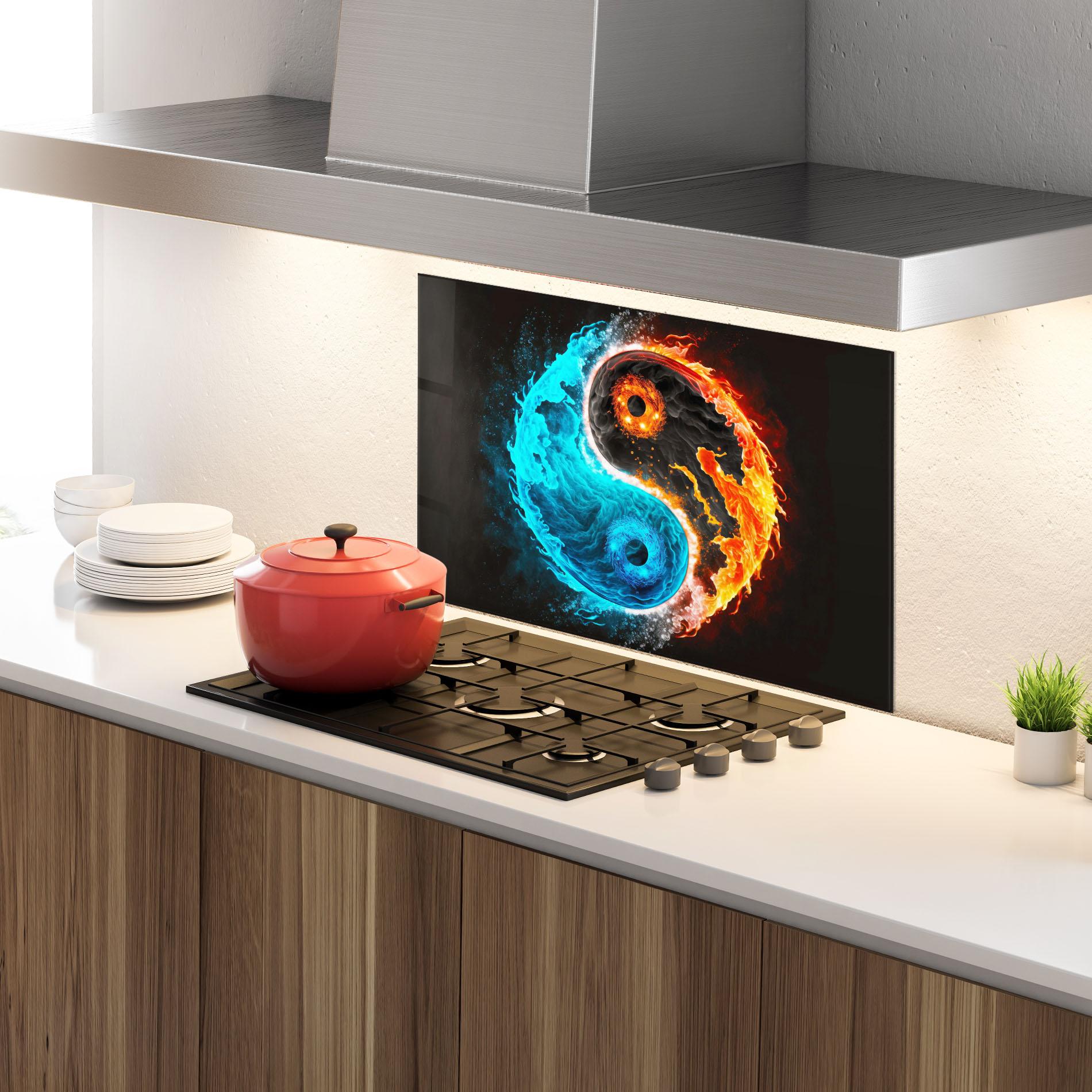 Küchenrückwand Glas Fire Yinyang Art mockup 4