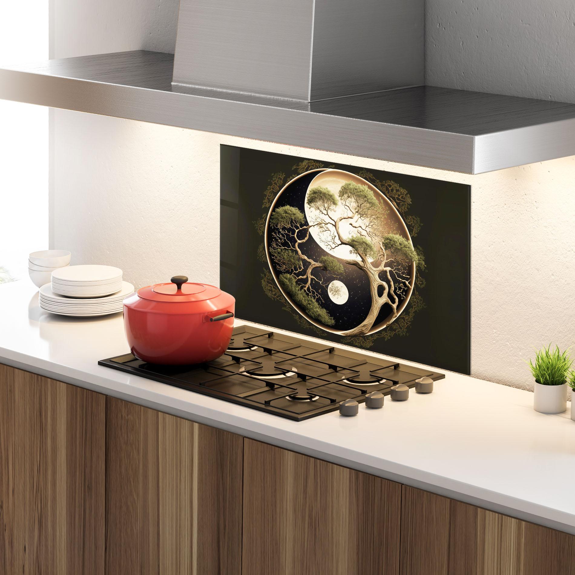 Küchenrückwand Glas Green Tree Yinyang mockup 4