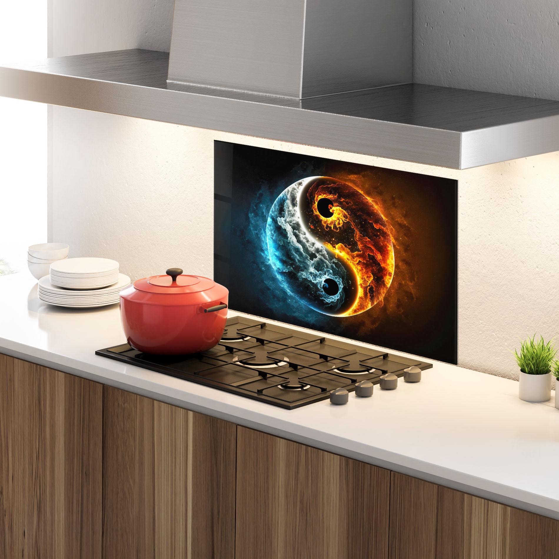 Küchenrückwand Glas Red Blue Yin Yang mockup 4