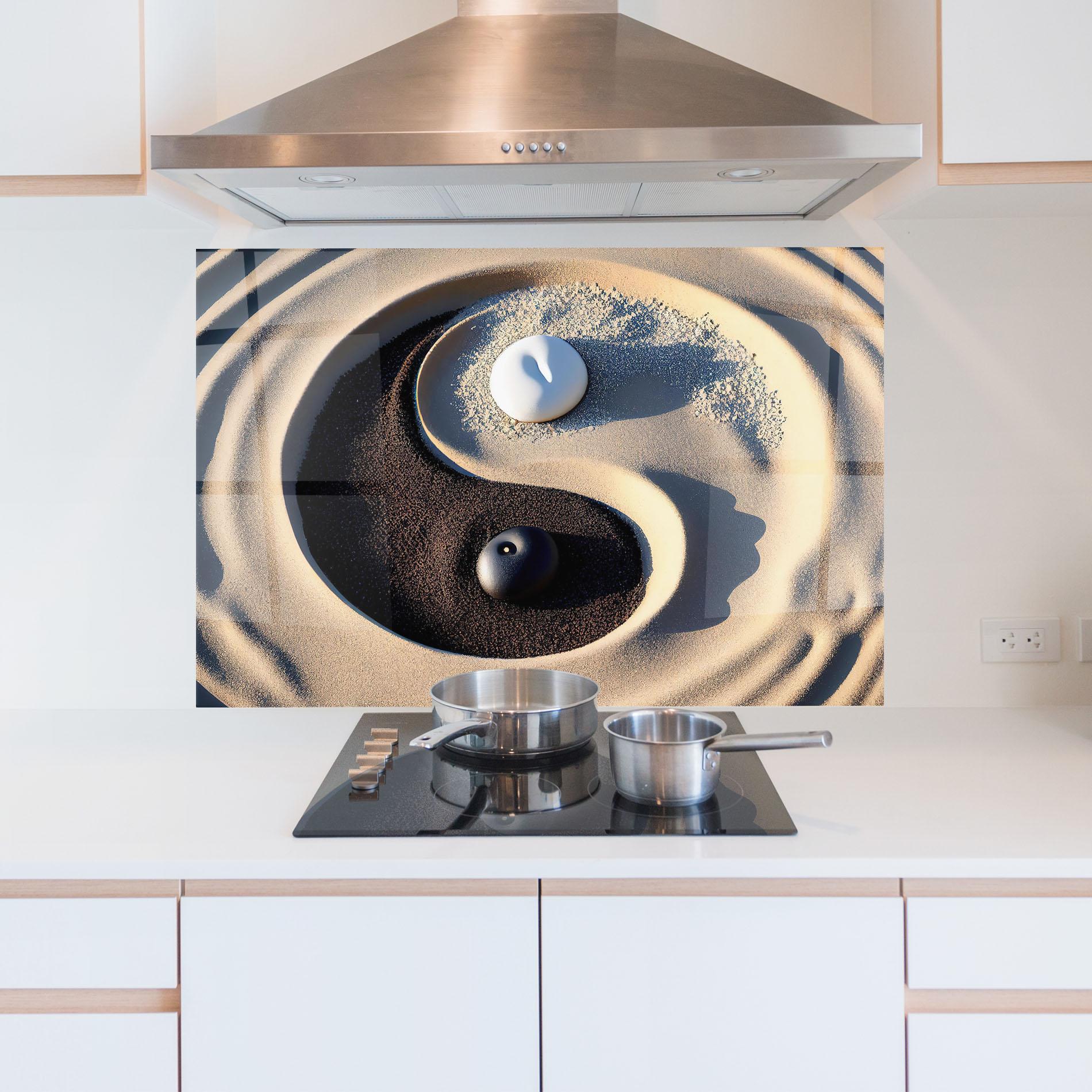 Küchenrückwand Glas Black Sand Yinyang mockup 5