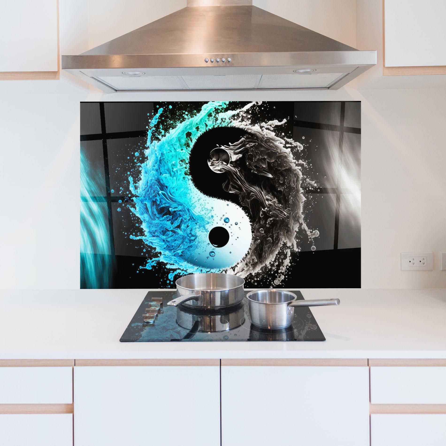 Küchenrückwand Glas Blue Black Yinyang mockup 5