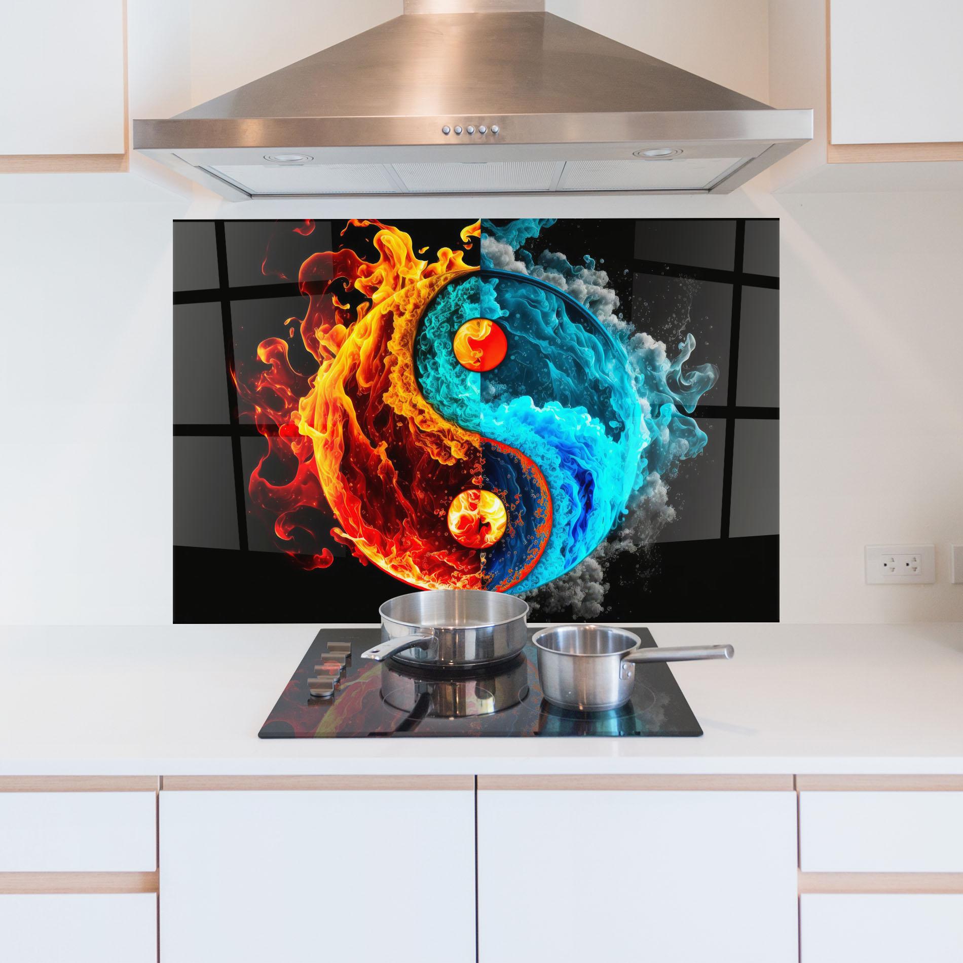 Küchenrückwand Glas Blue Smoke Yinyang mockup 5