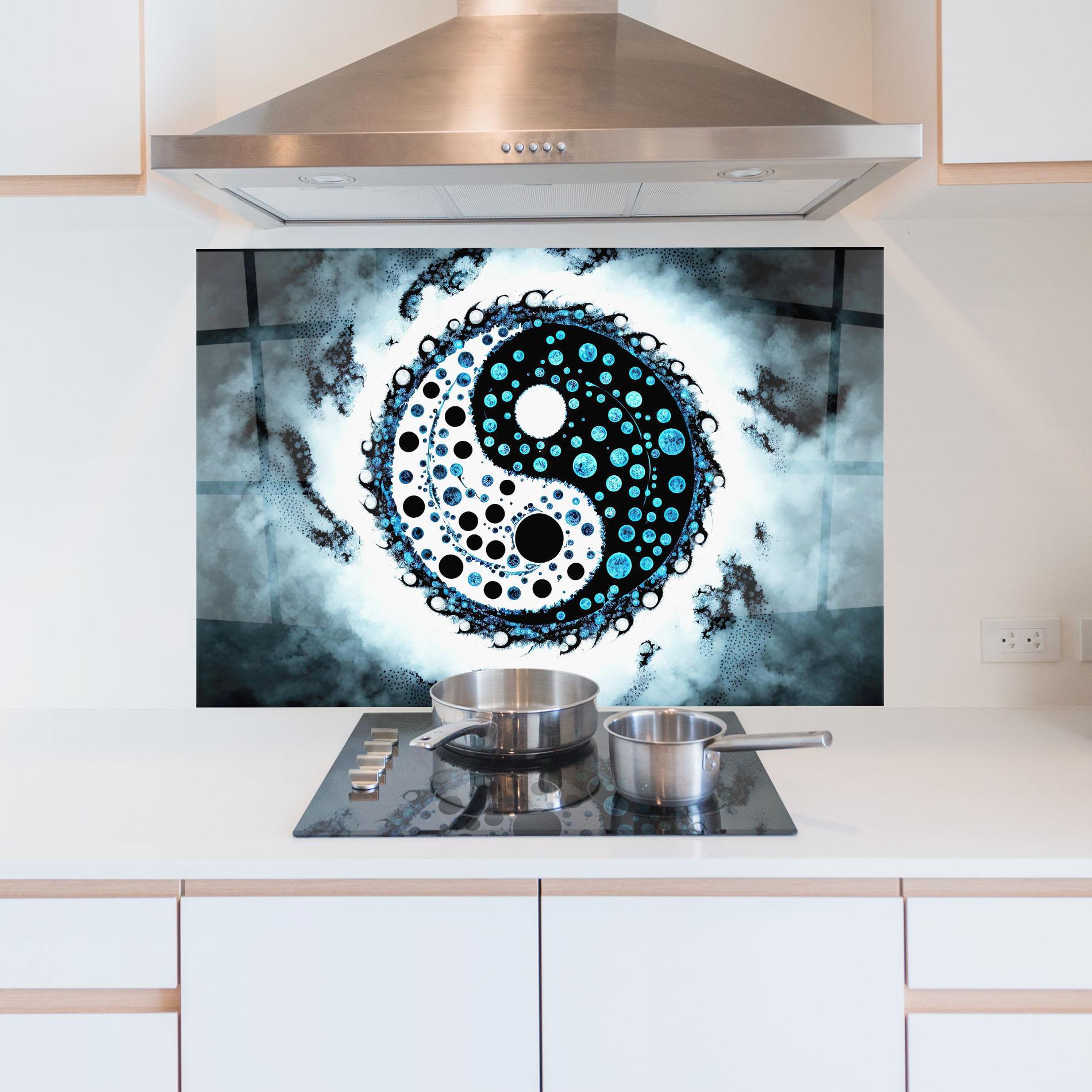 Küchenrückwand Glas Blue White Yinyang mockup 5