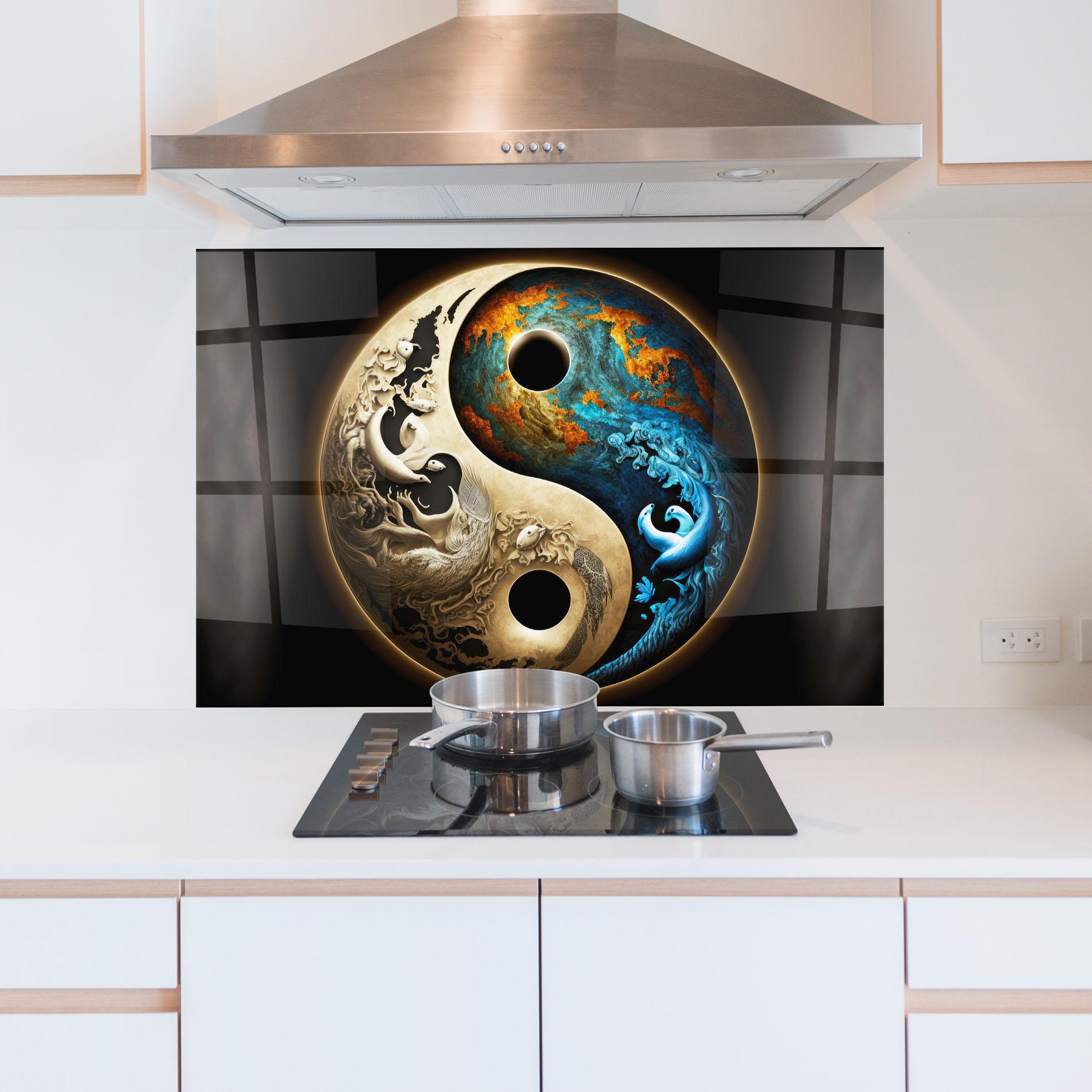 Küchenrückwand Glas Cream Blue Yinyang mockup 5