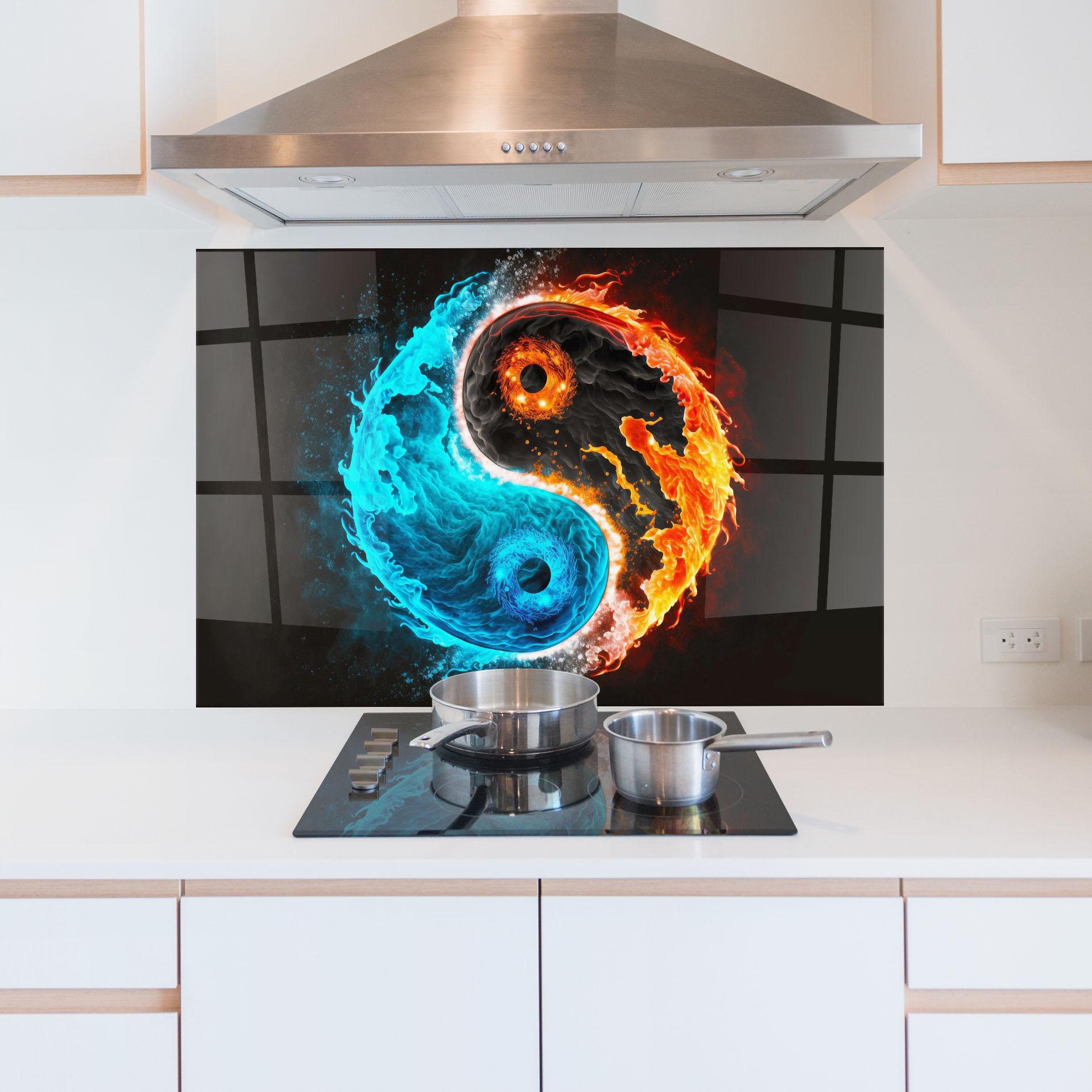Küchenrückwand Glas Fire Yinyang Art mockup 5