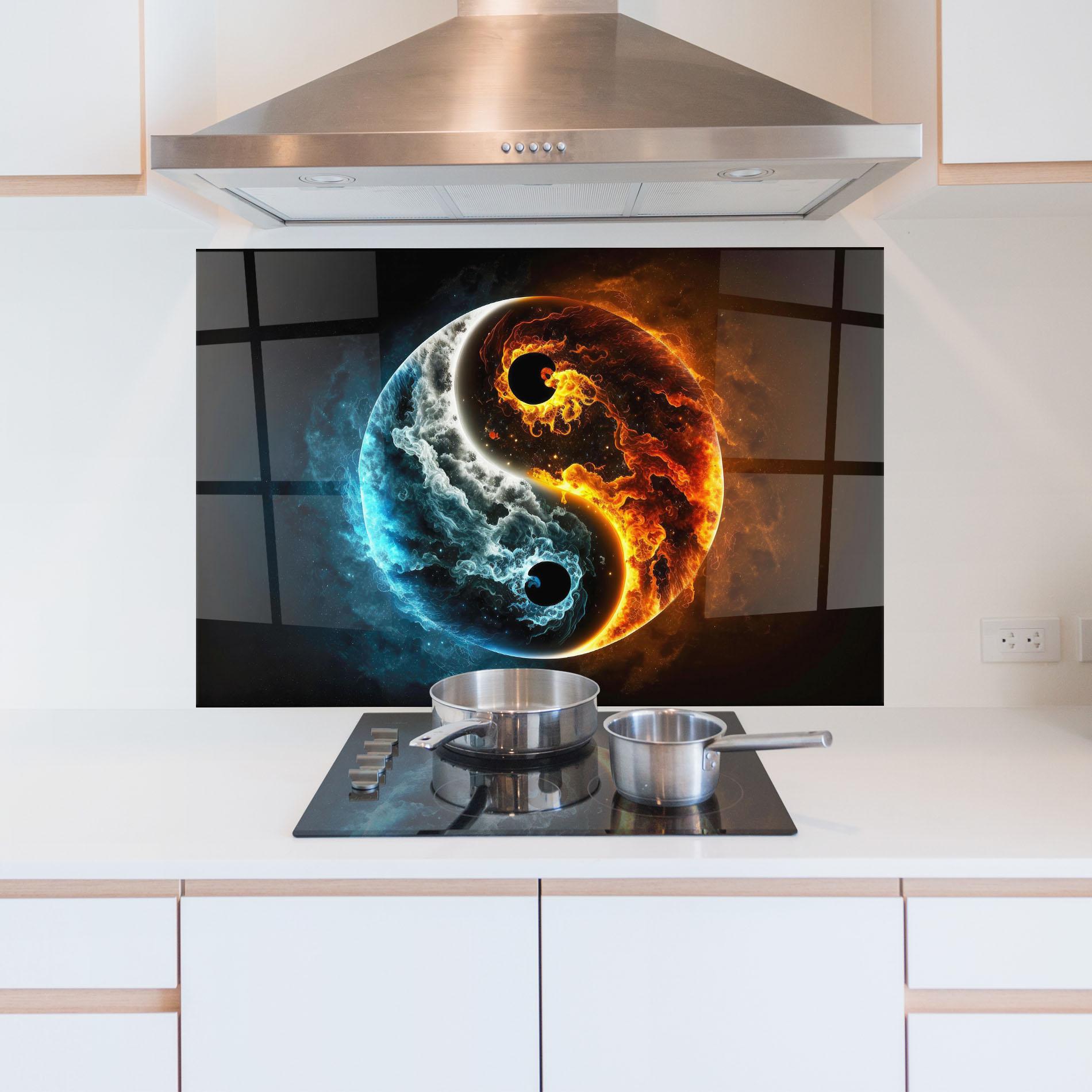 Küchenrückwand Glas Red Blue Yin Yang mockup 5