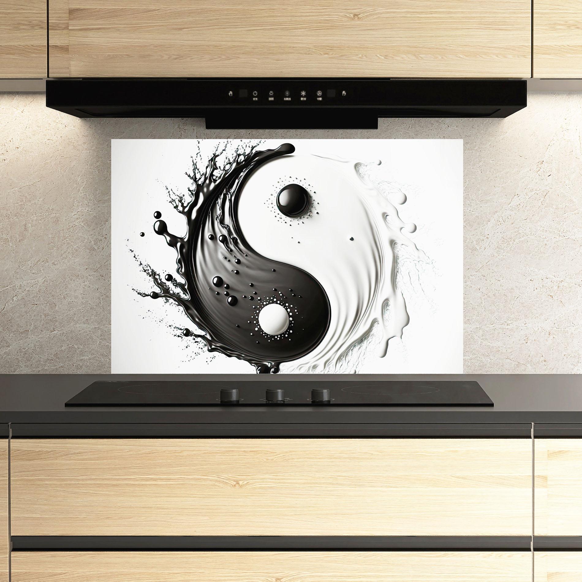 Küchenrückwand Glas Black Liquid Yinyang mockup 3