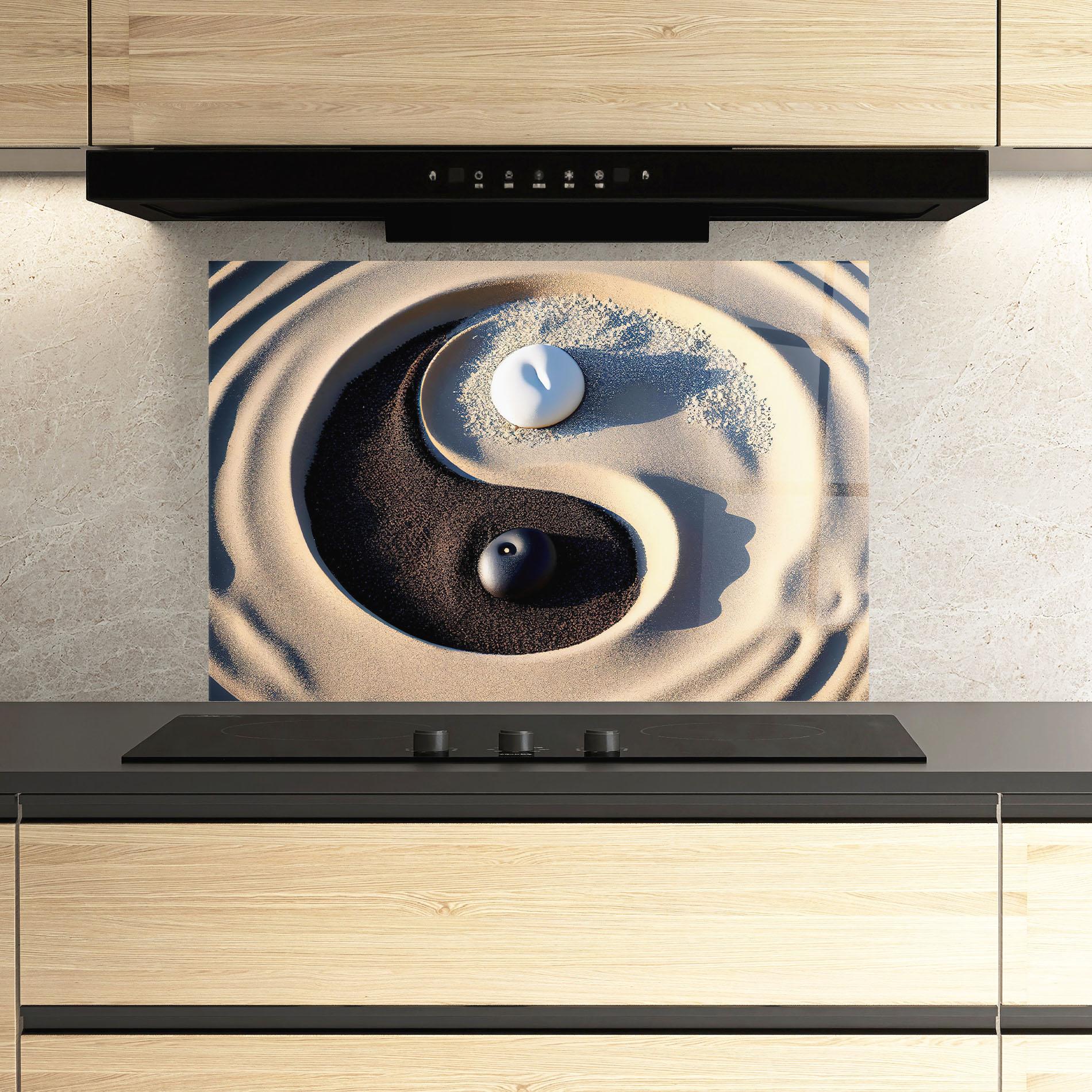 Küchenrückwand Glas Black Sand Yinyang mockup 3