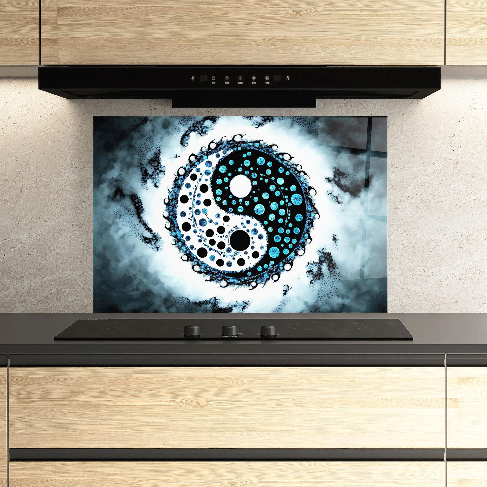 Küchenrückwand Glas Blue White Yinyang mockup 3