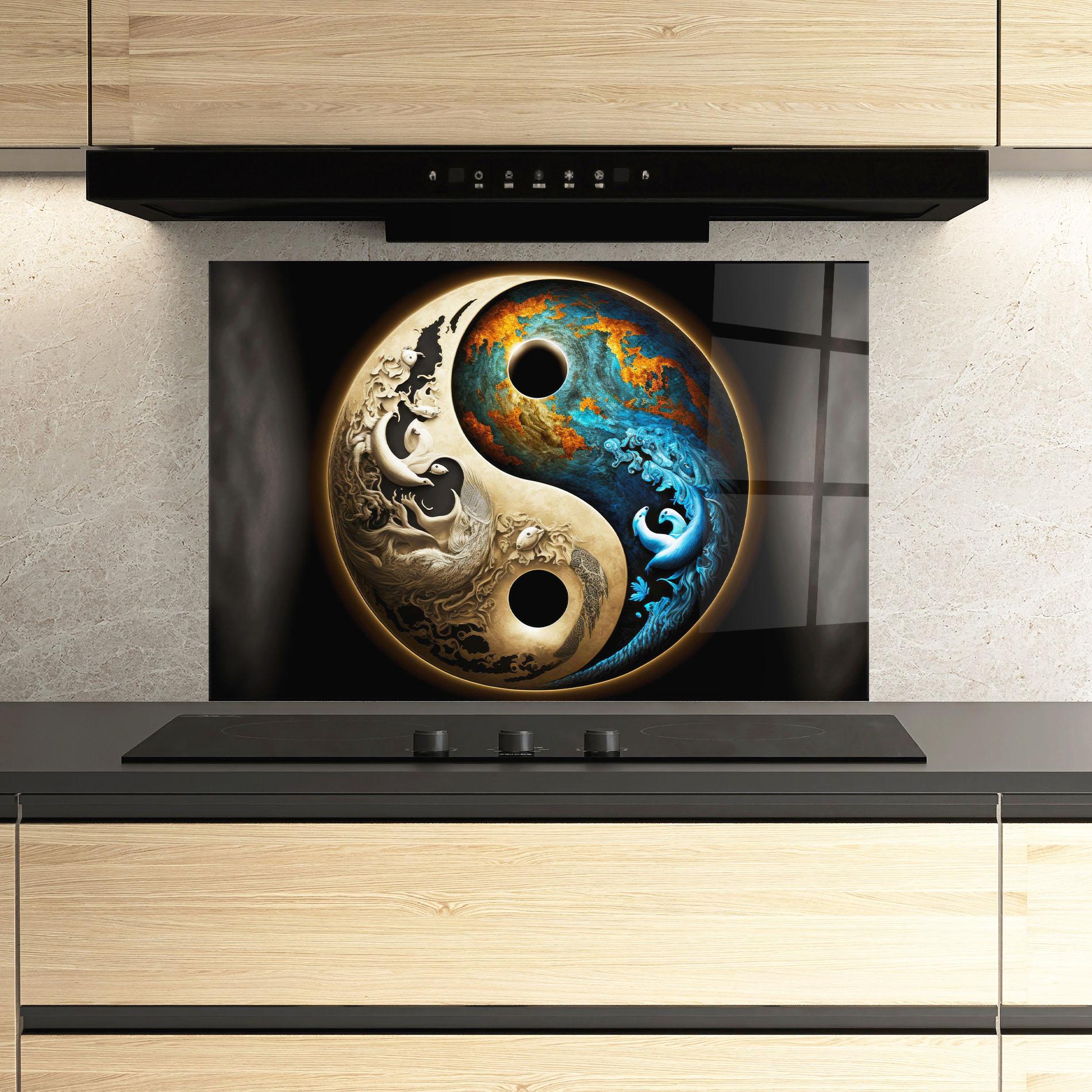 Küchenrückwand Glas Cream Blue Yinyang mockup 3
