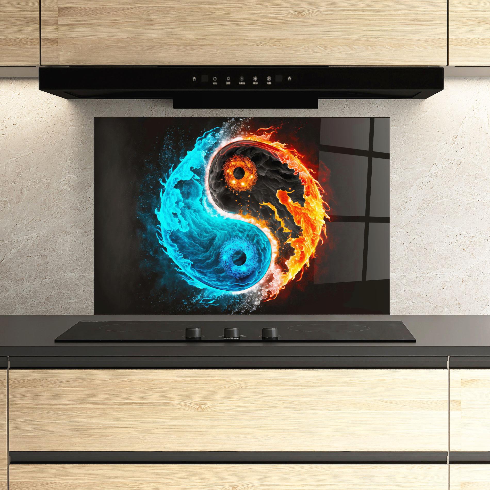 Küchenrückwand Glas Fire Yinyang Art mockup 3