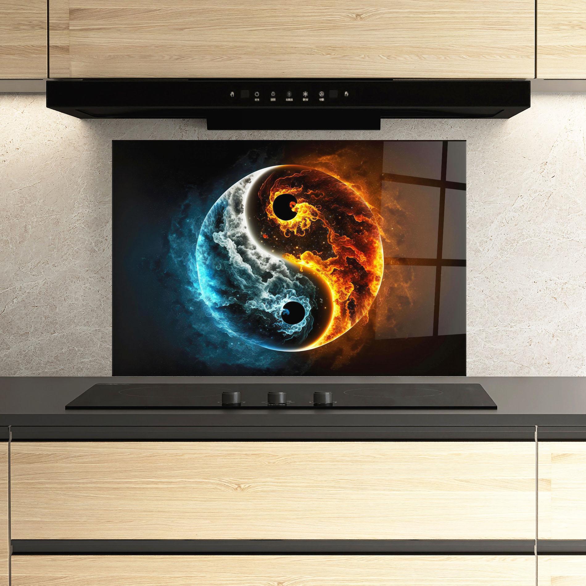 Küchenrückwand Glas Red Blue Yin Yang mockup 3