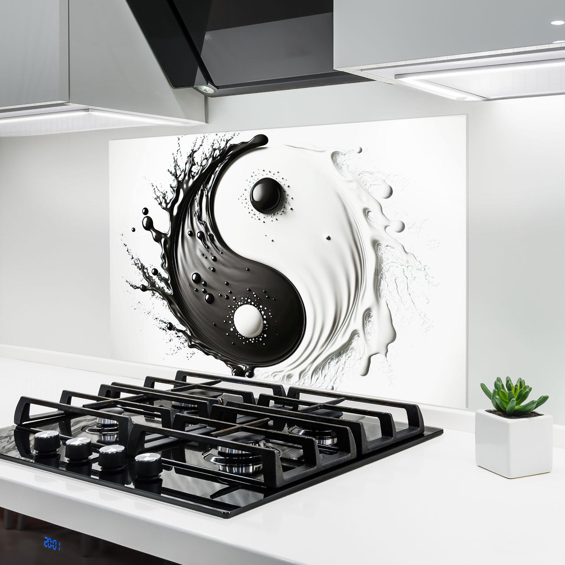 Küchenrückwand Glas Black Liquid Yinyang mockup 6