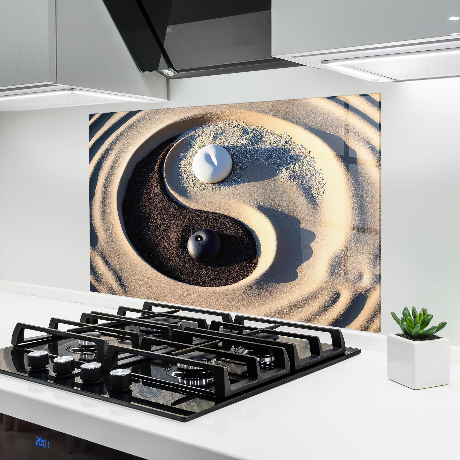 Küchenrückwand Glas Black Sand Yinyang mockup 6
