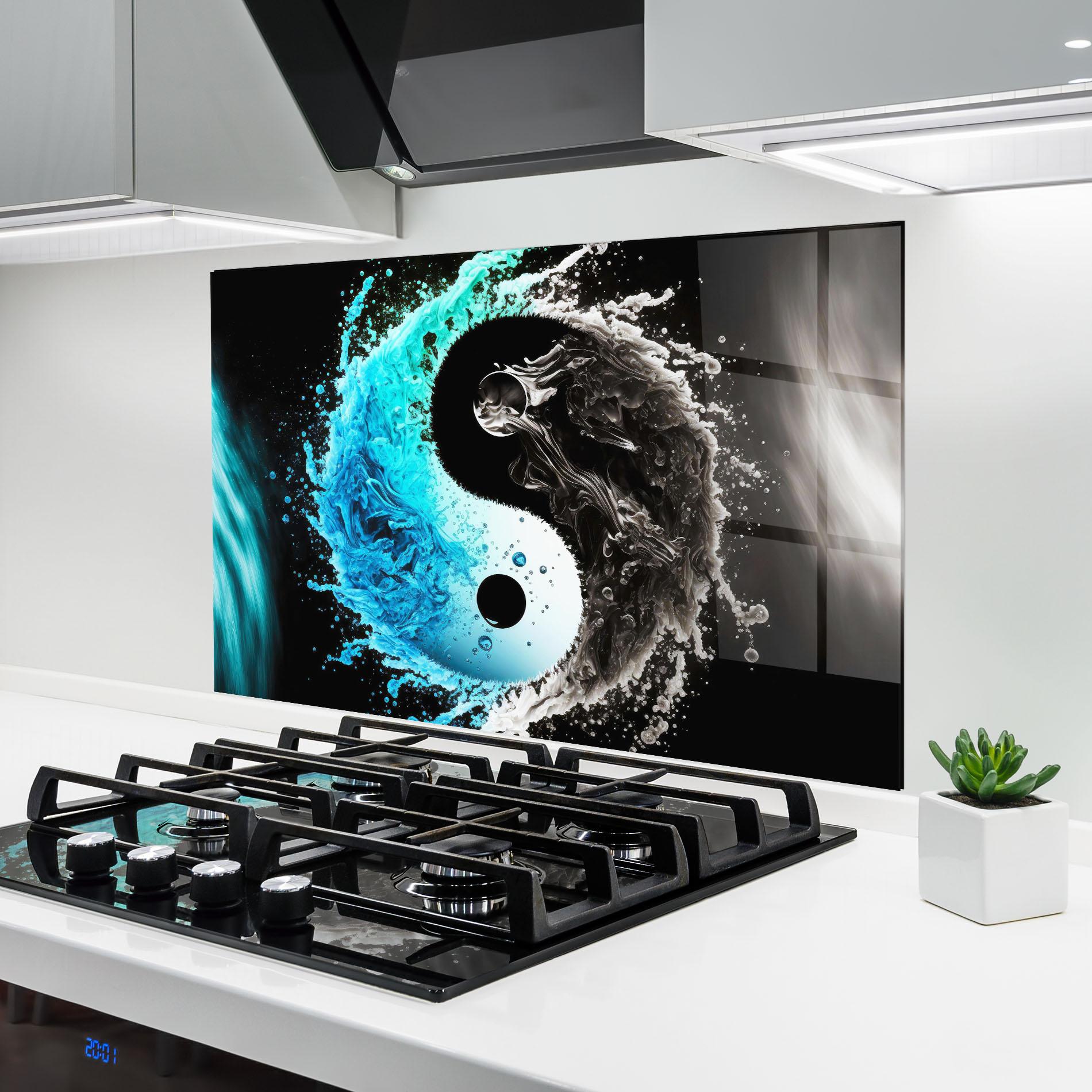 Küchenrückwand Glas Blue Black Yinyang mockup 6