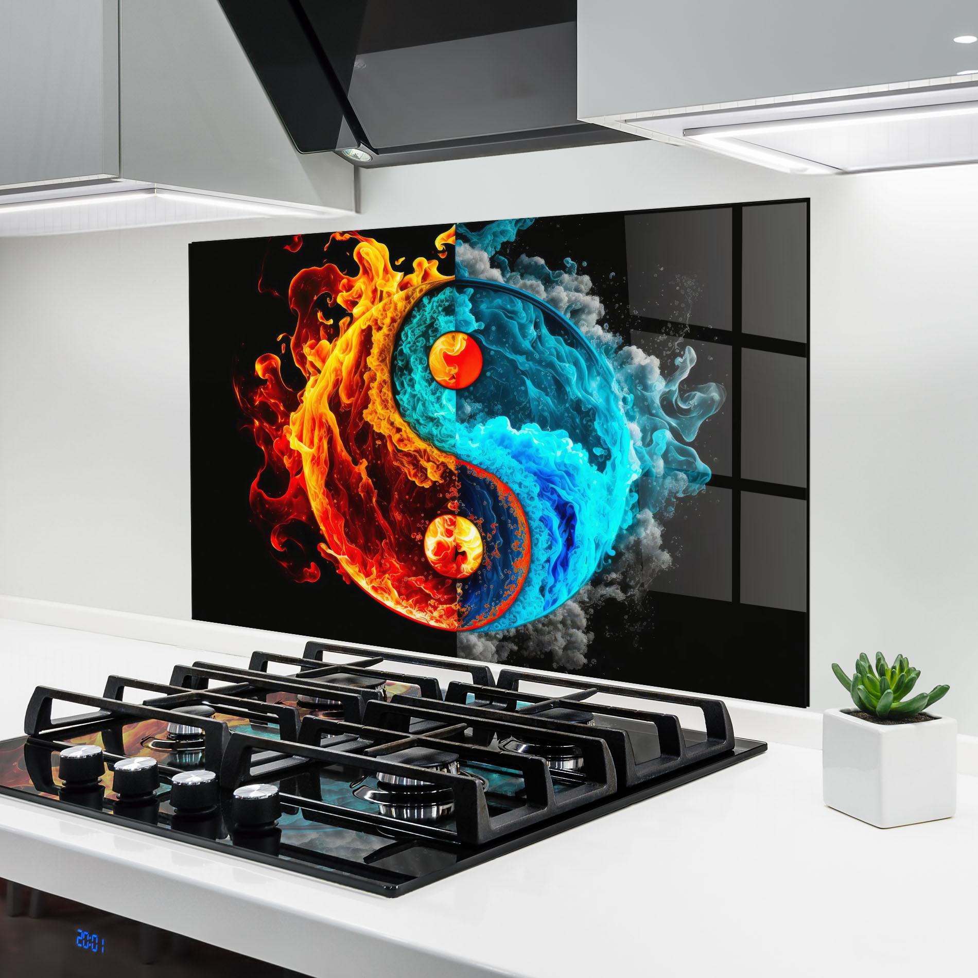 Küchenrückwand Glas Blue Smoke Yinyang mockup 6