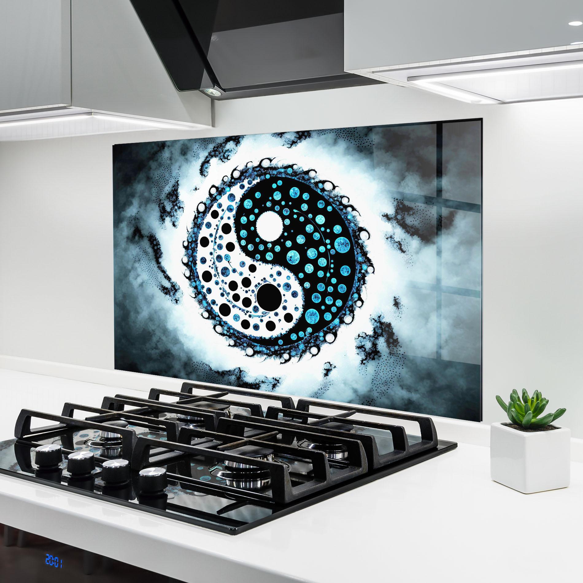 Küchenrückwand Glas Blue White Yinyang mockup 6