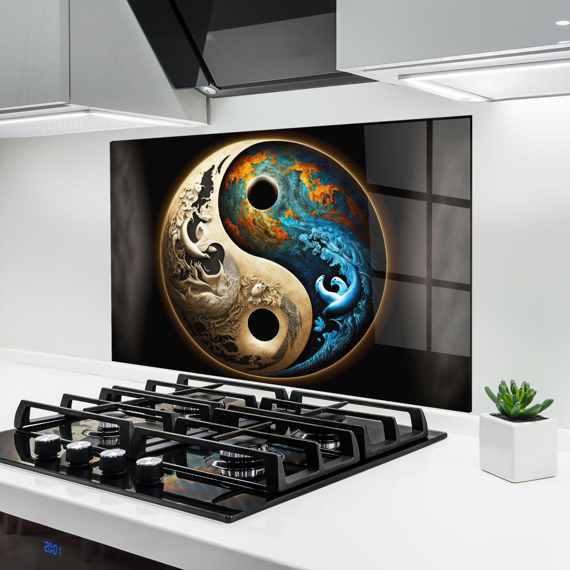 Küchenrückwand Glas Cream Blue Yinyang mockup 6