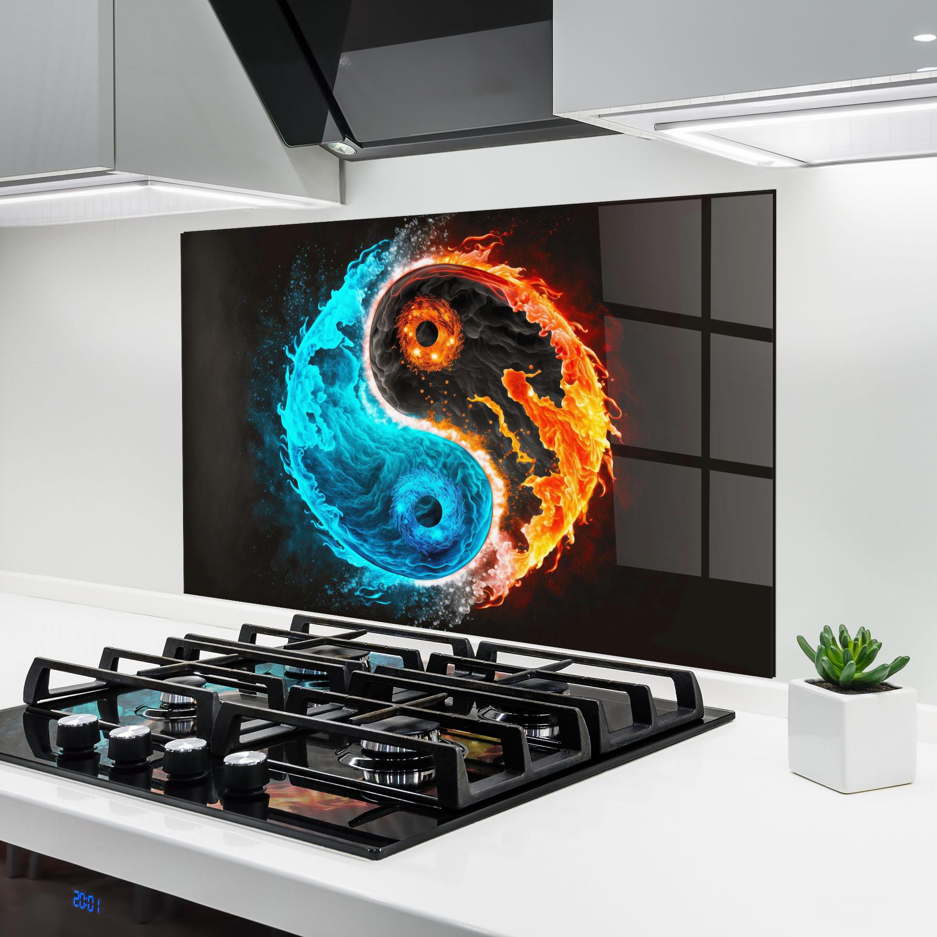 Küchenrückwand Glas Fire Yinyang Art mockup 6