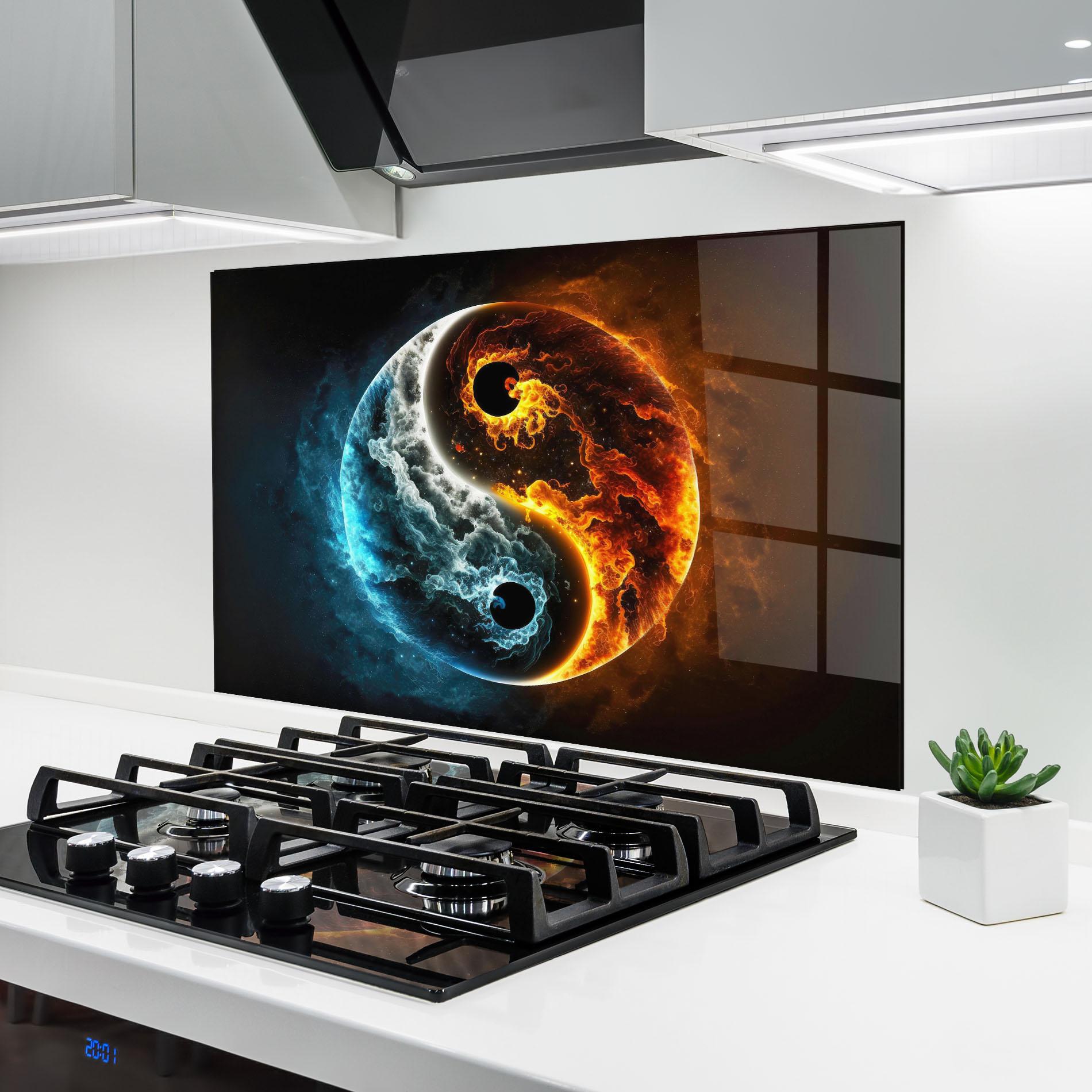 Küchenrückwand Glas Red Blue Yin Yang mockup 6