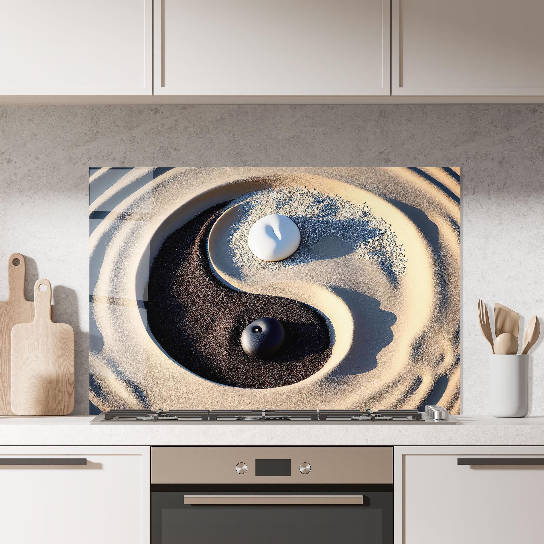 Küchenrückwand Glas Black Sand Yinyang mockup 7