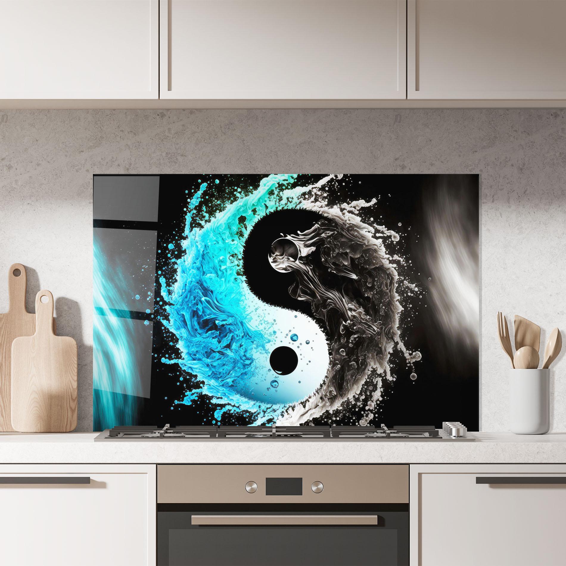 Küchenrückwand Glas Blue Black Yinyang mockup 7
