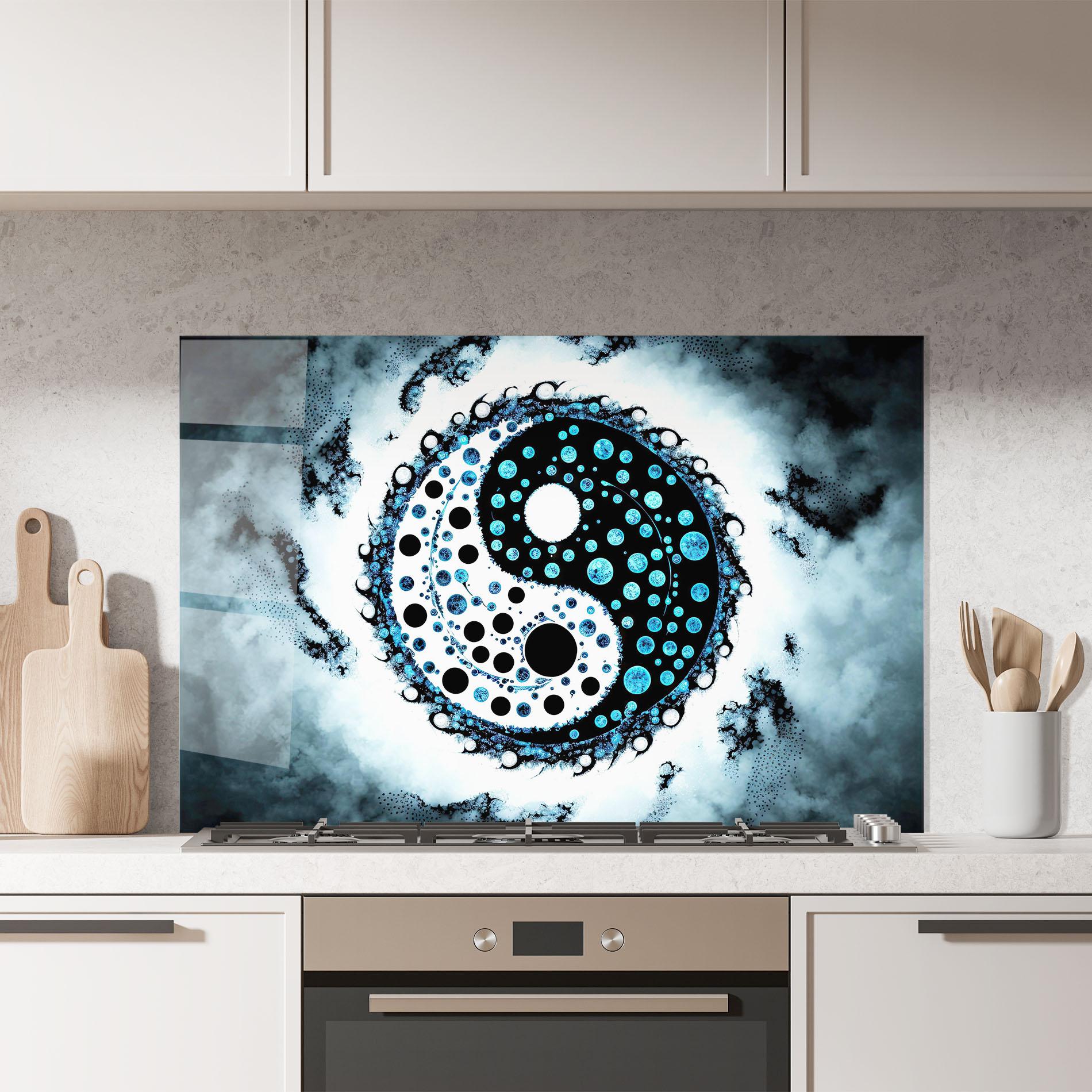 Küchenrückwand Glas Blue White Yinyang mockup 7
