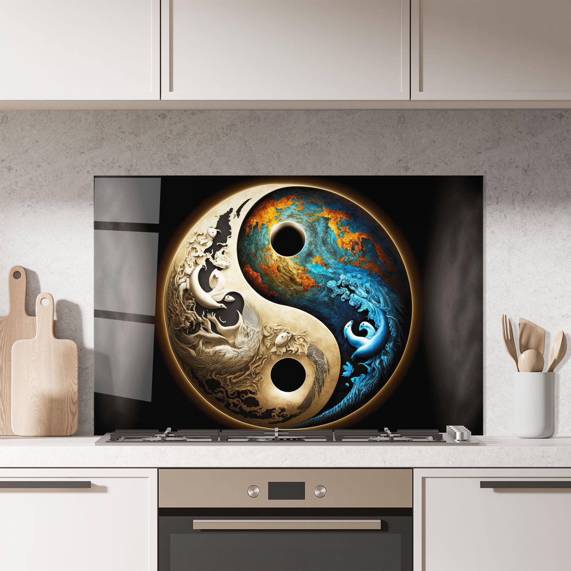 Küchenrückwand Glas Cream Blue Yinyang mockup 7