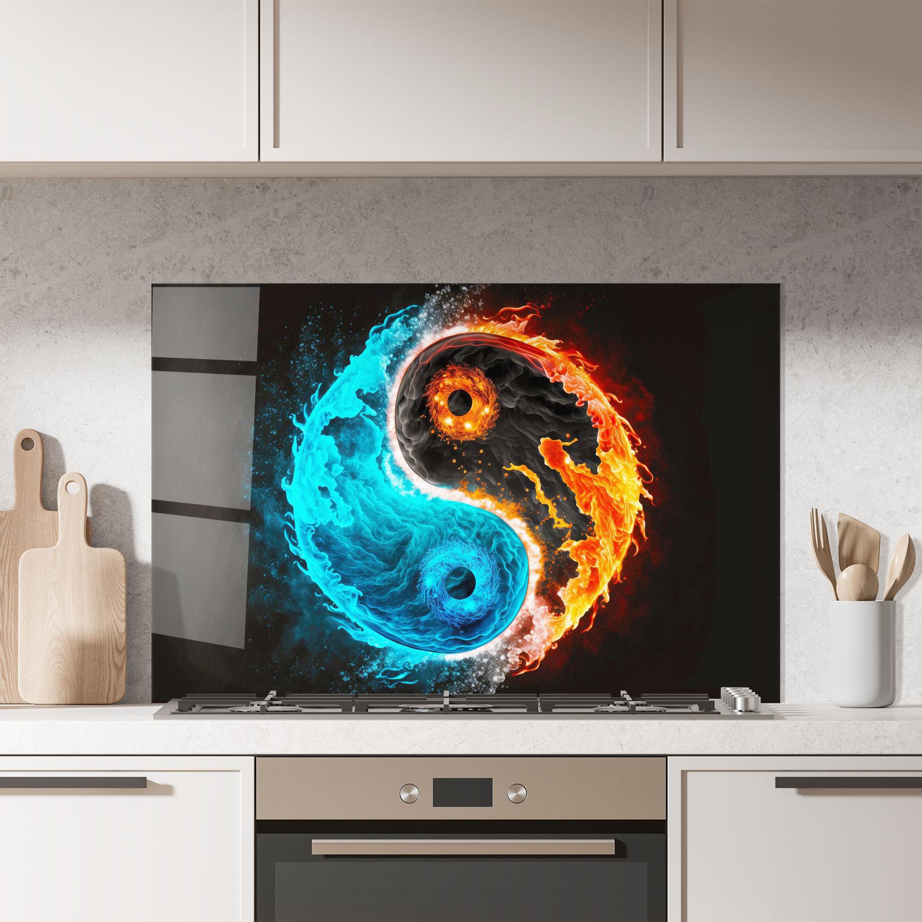Küchenrückwand Glas Fire Yinyang Art mockup 7