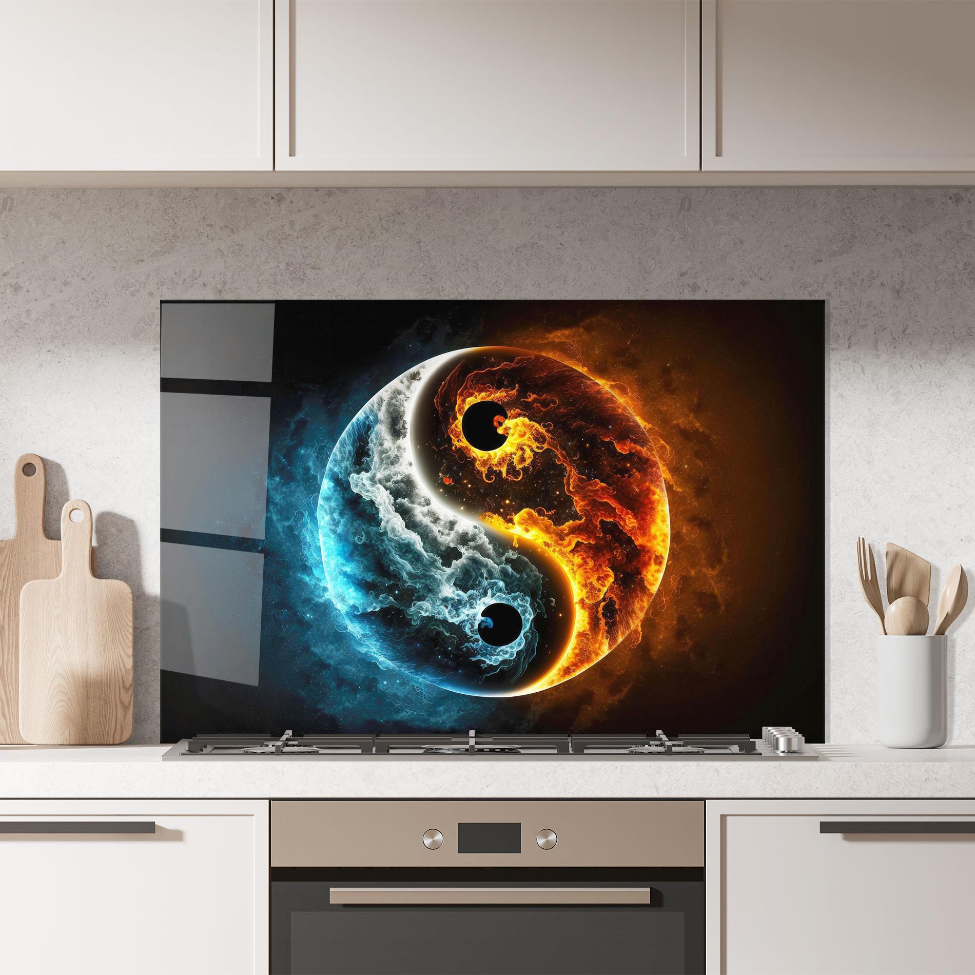 Küchenrückwand Glas Red Blue Yin Yang mockup 7