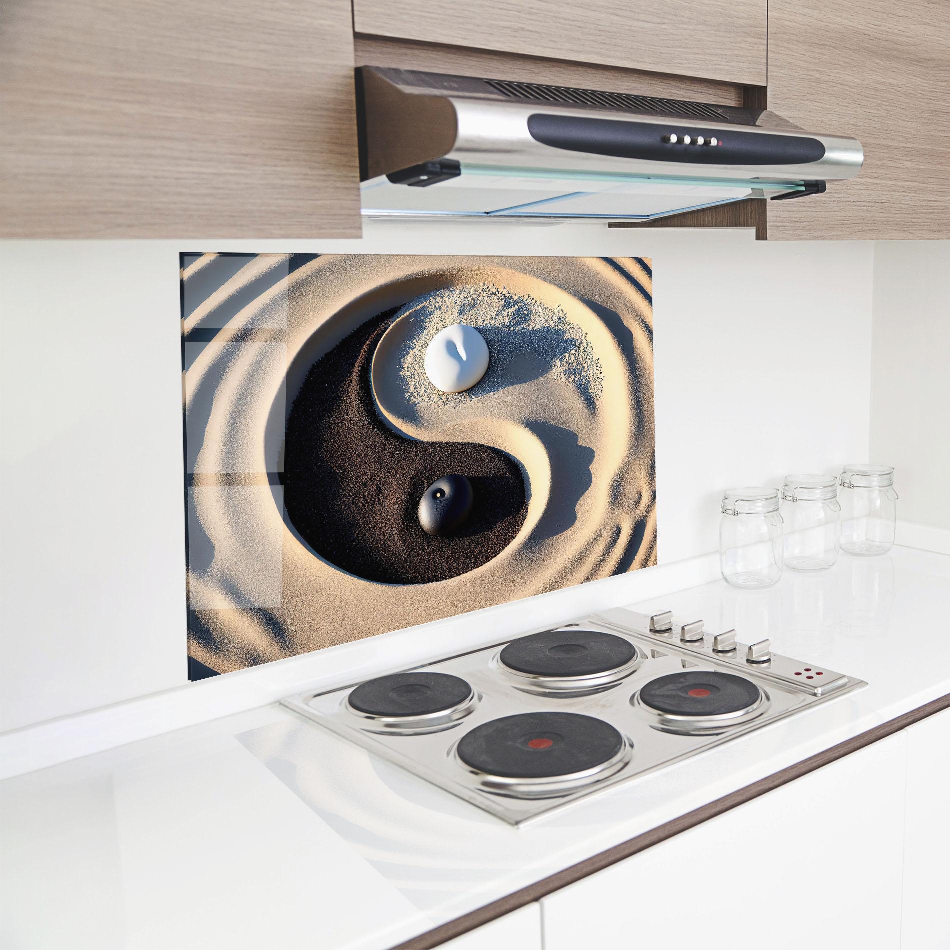 Küchenrückwand Glas Black Sand Yinyang mockup 8