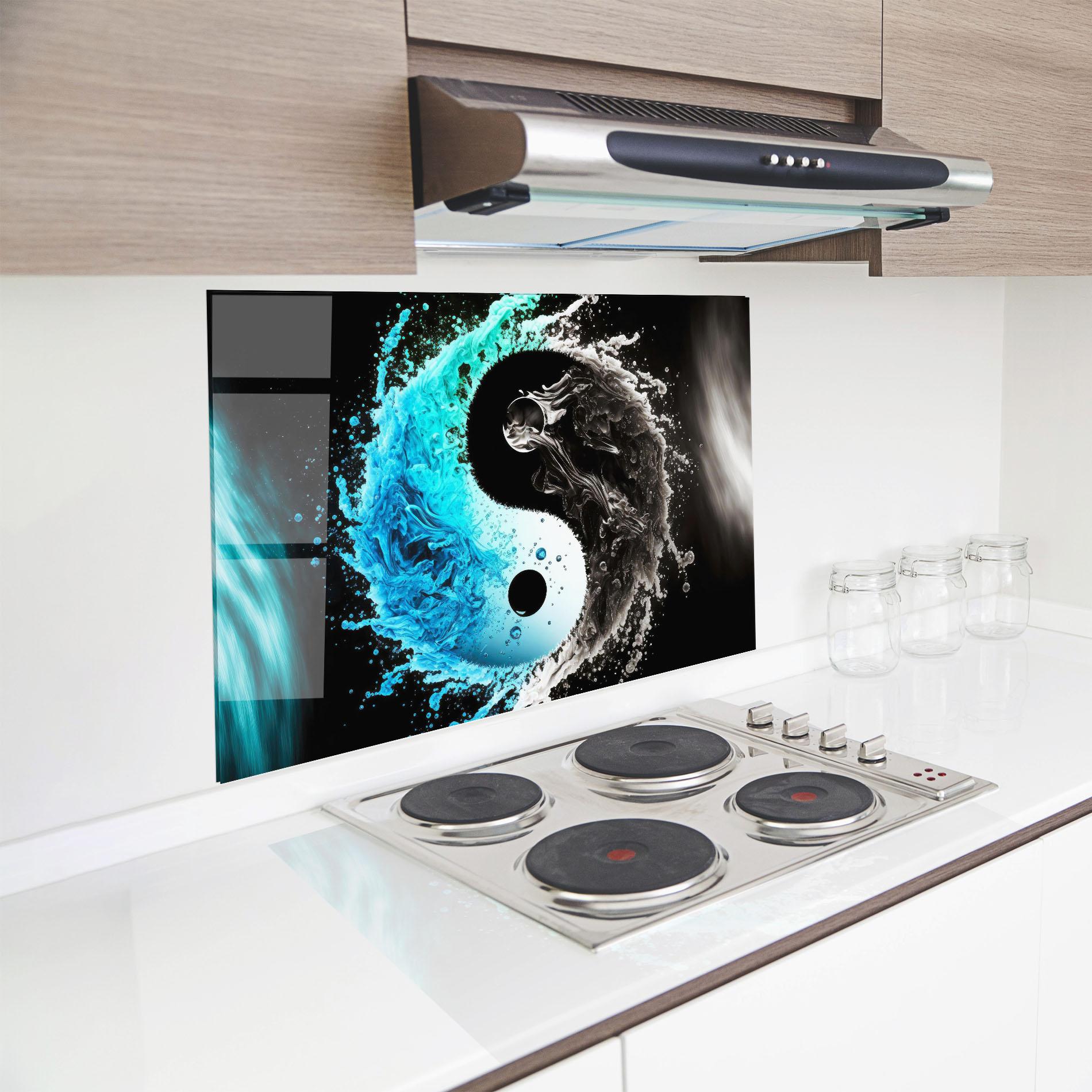 Küchenrückwand Glas Blue Black Yinyang mockup 8