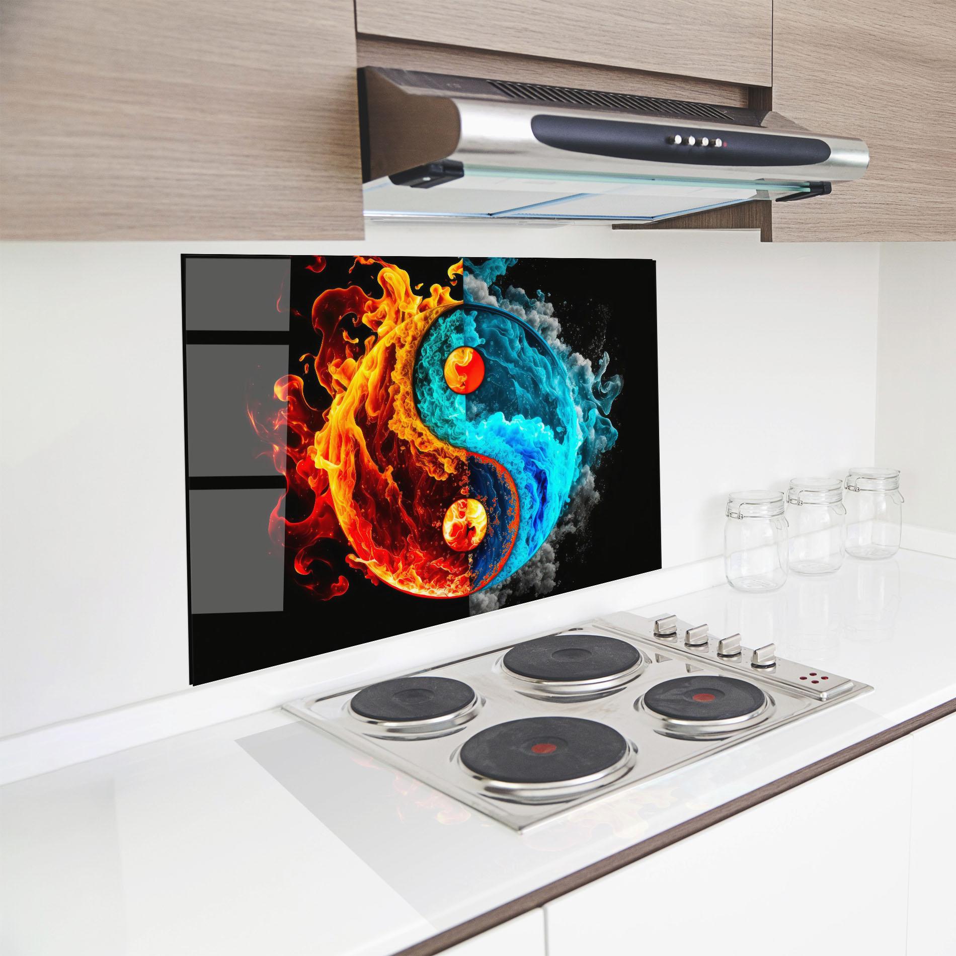 Küchenrückwand Glas Blue Smoke Yinyang mockup 8