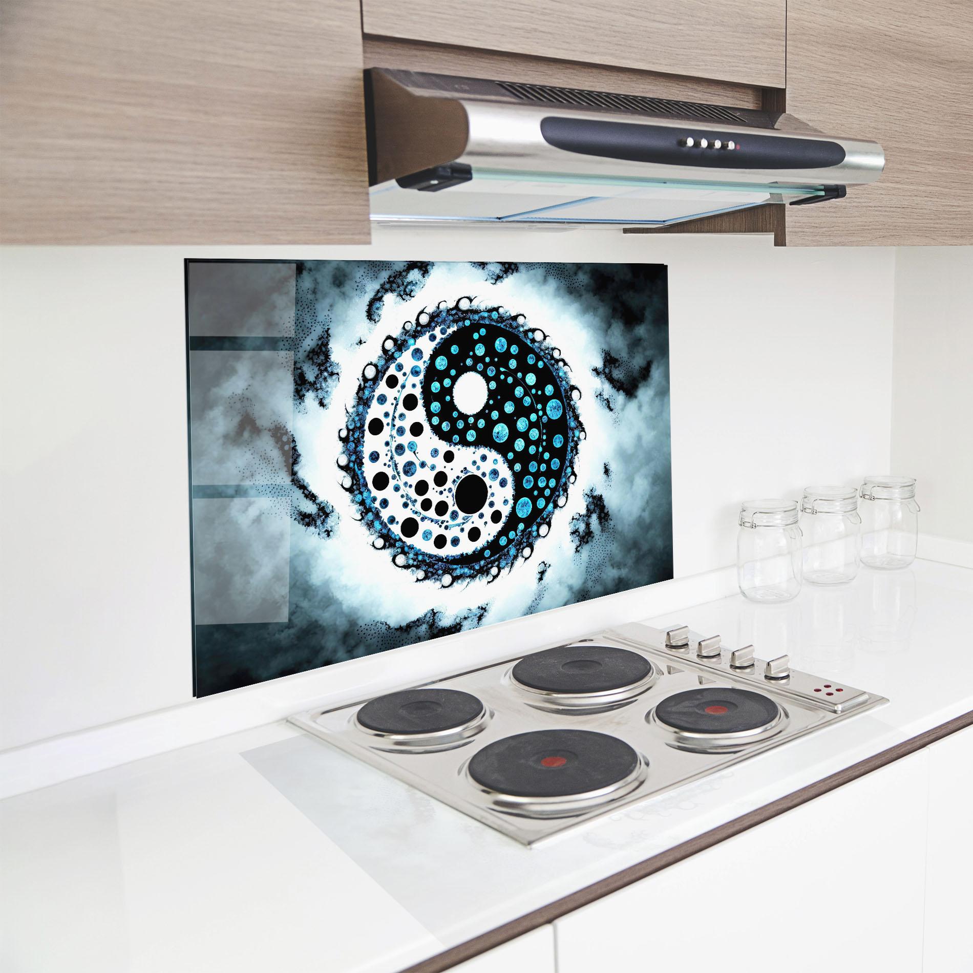 Küchenrückwand Glas Blue White Yinyang mockup 8