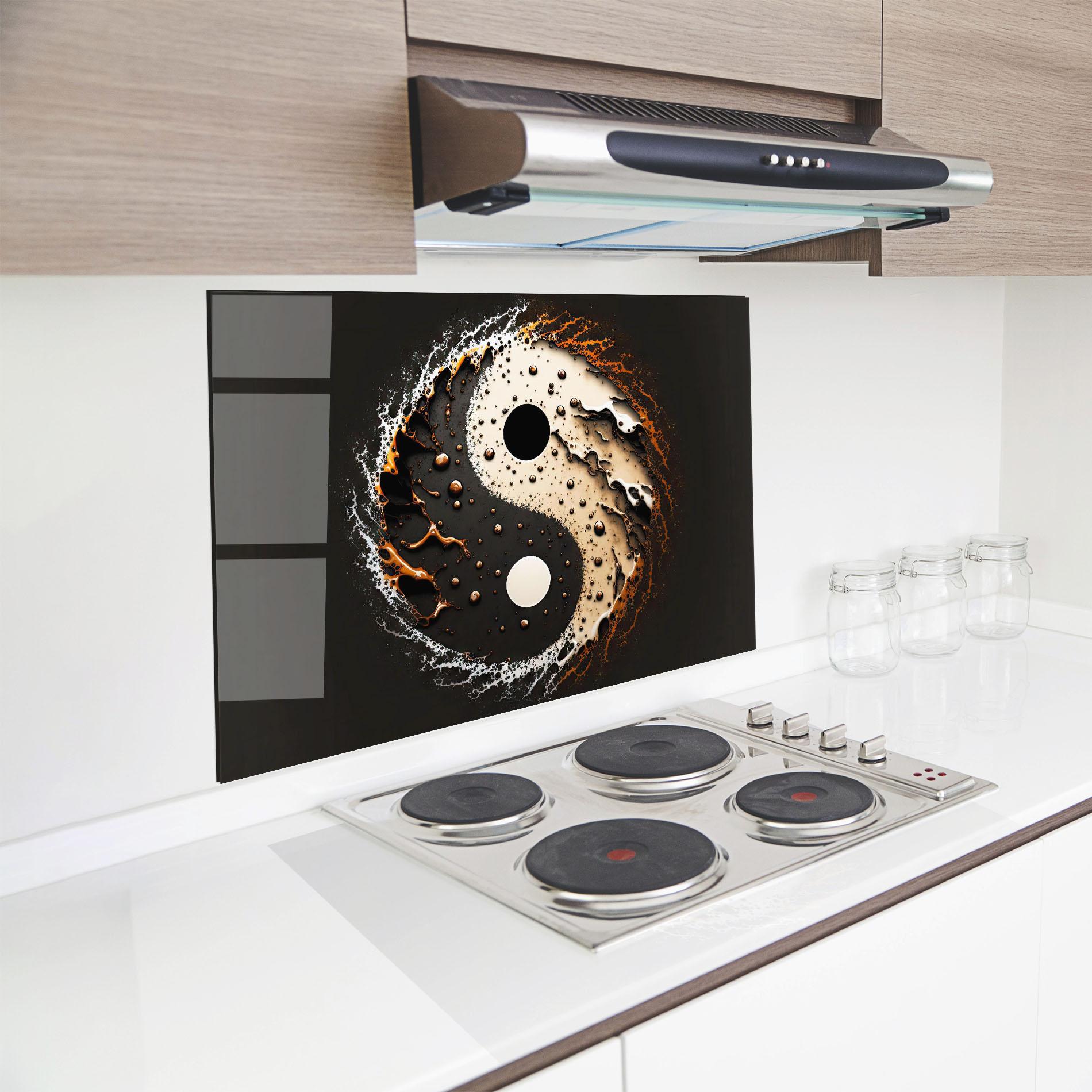 Küchenrückwand Glas Brown Liquid Yinyang mockup 8