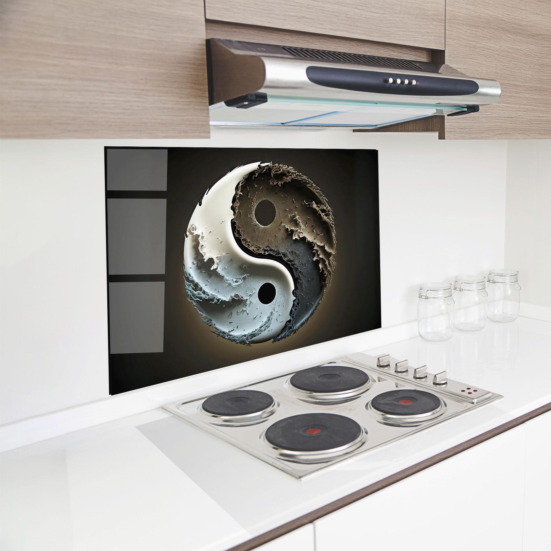 Küchenrückwand Glas Brown Smoke Yinyang mockup 8