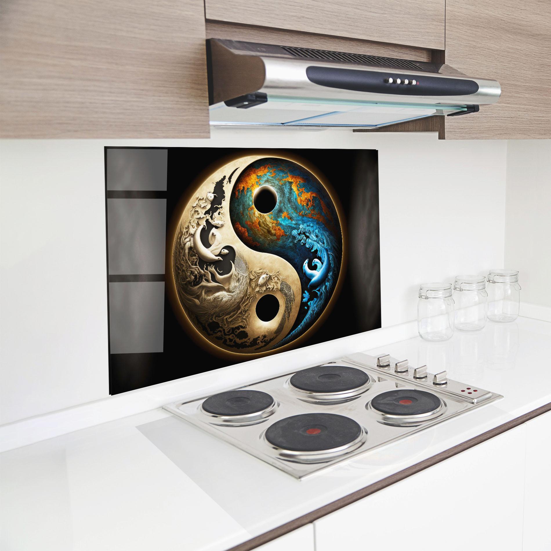 Küchenrückwand Glas Cream Blue Yinyang mockup 8