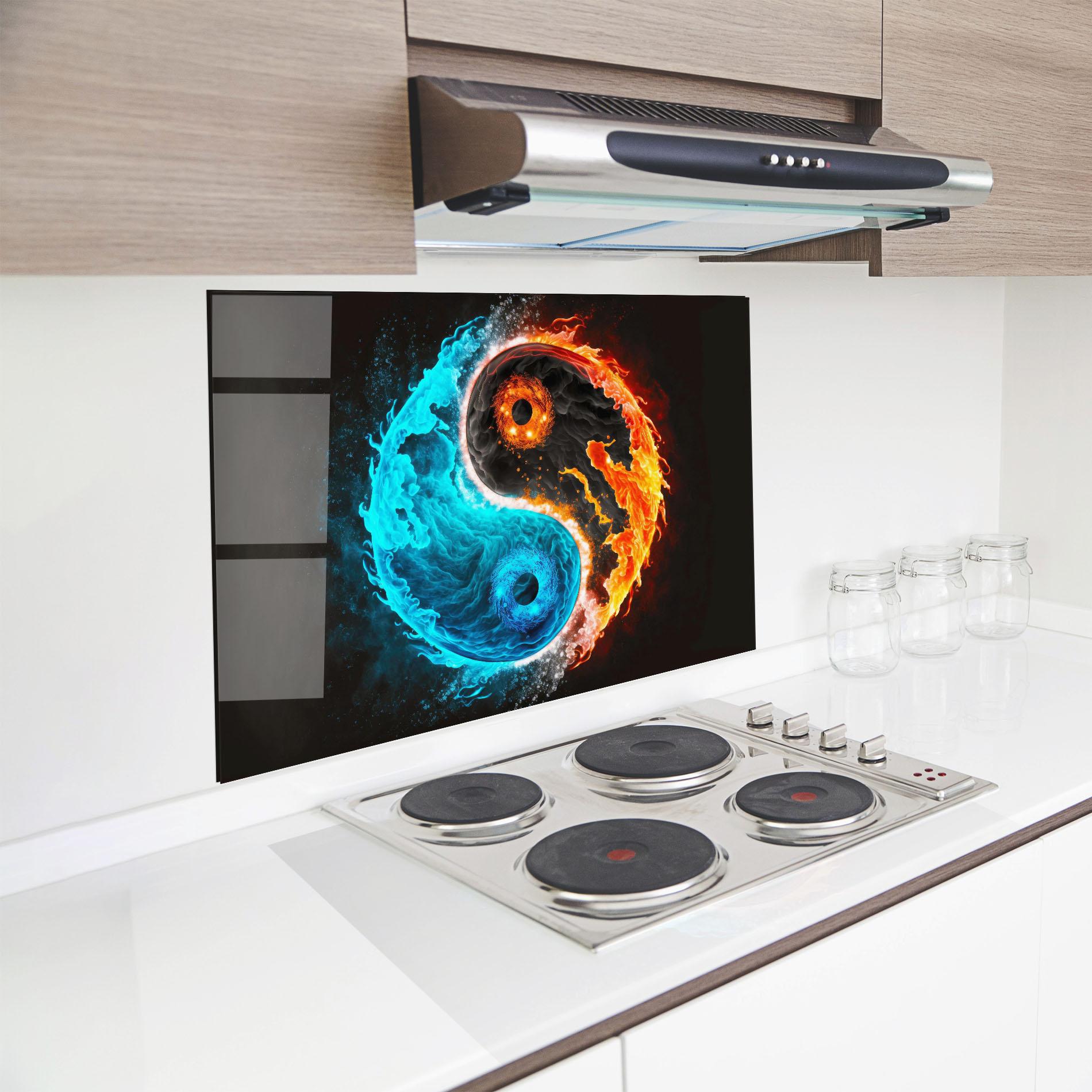 Küchenrückwand Glas Fire Yinyang Art mockup 8