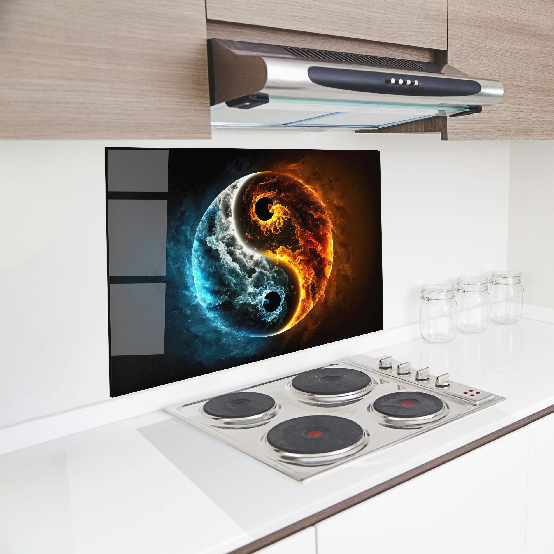 Küchenrückwand Glas Red Blue Yin Yang mockup 8