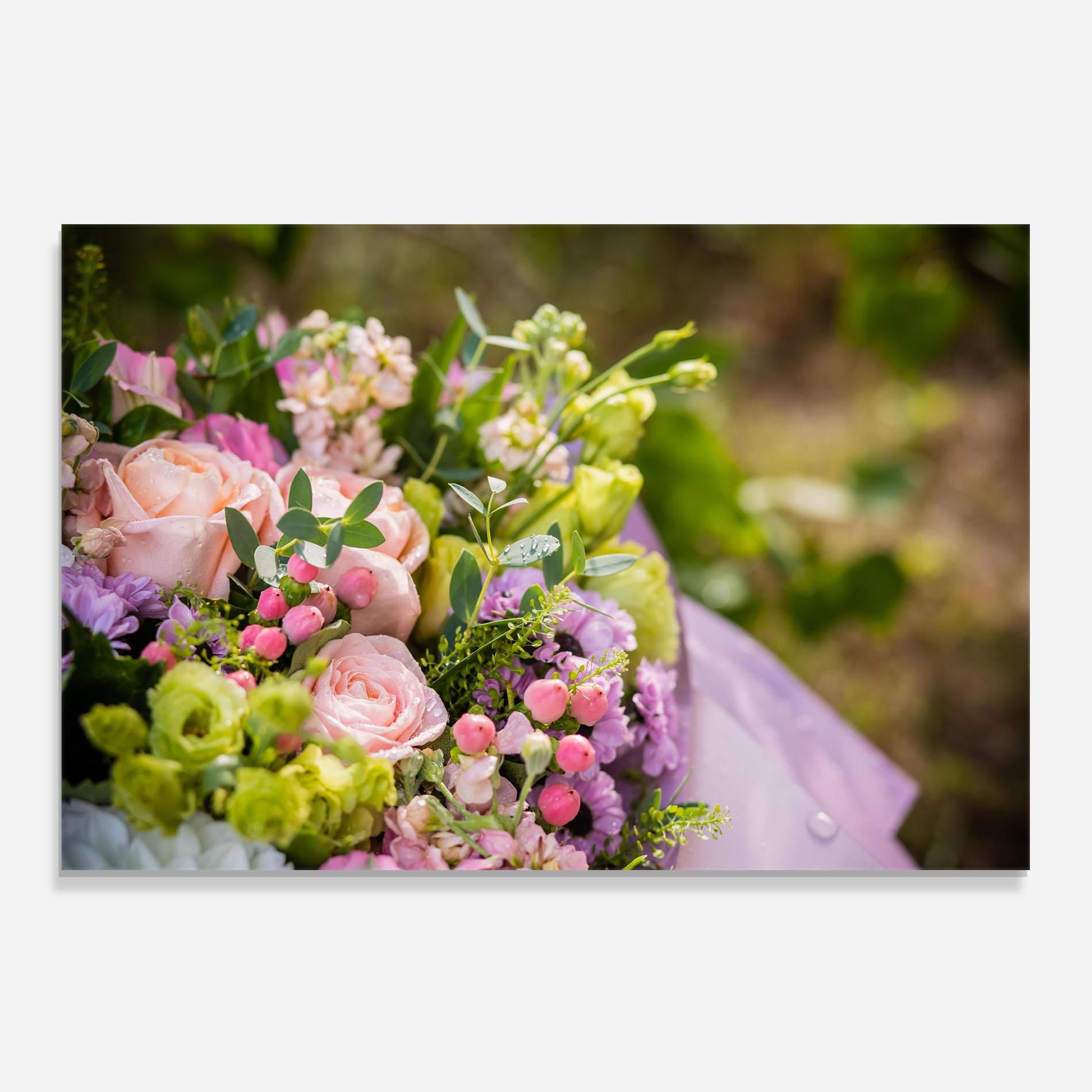 Küchenrückwand Glas Green Pink Bouquet mockup 0