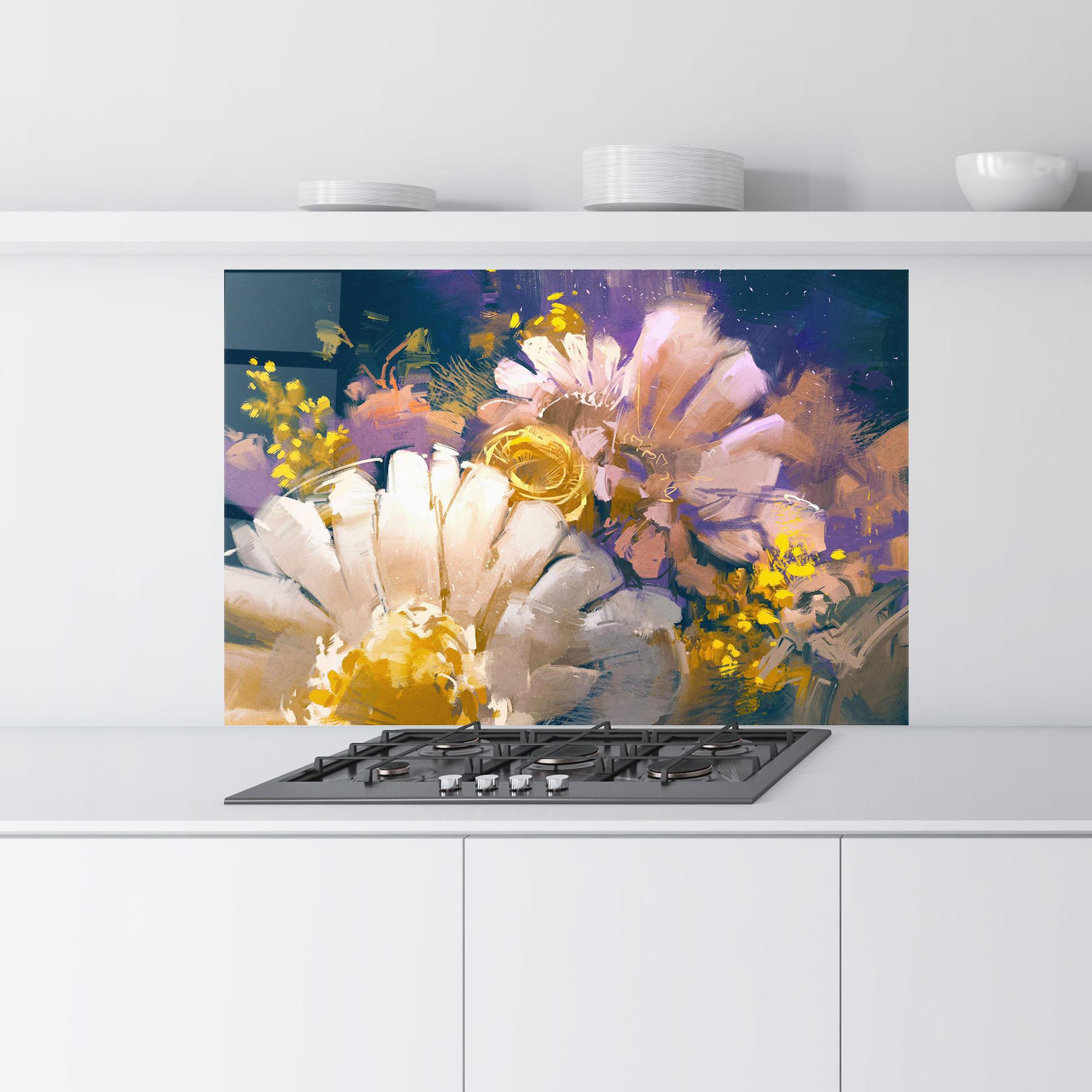 Küchenrückwand Glas Gold Purple Flowers mockup 9