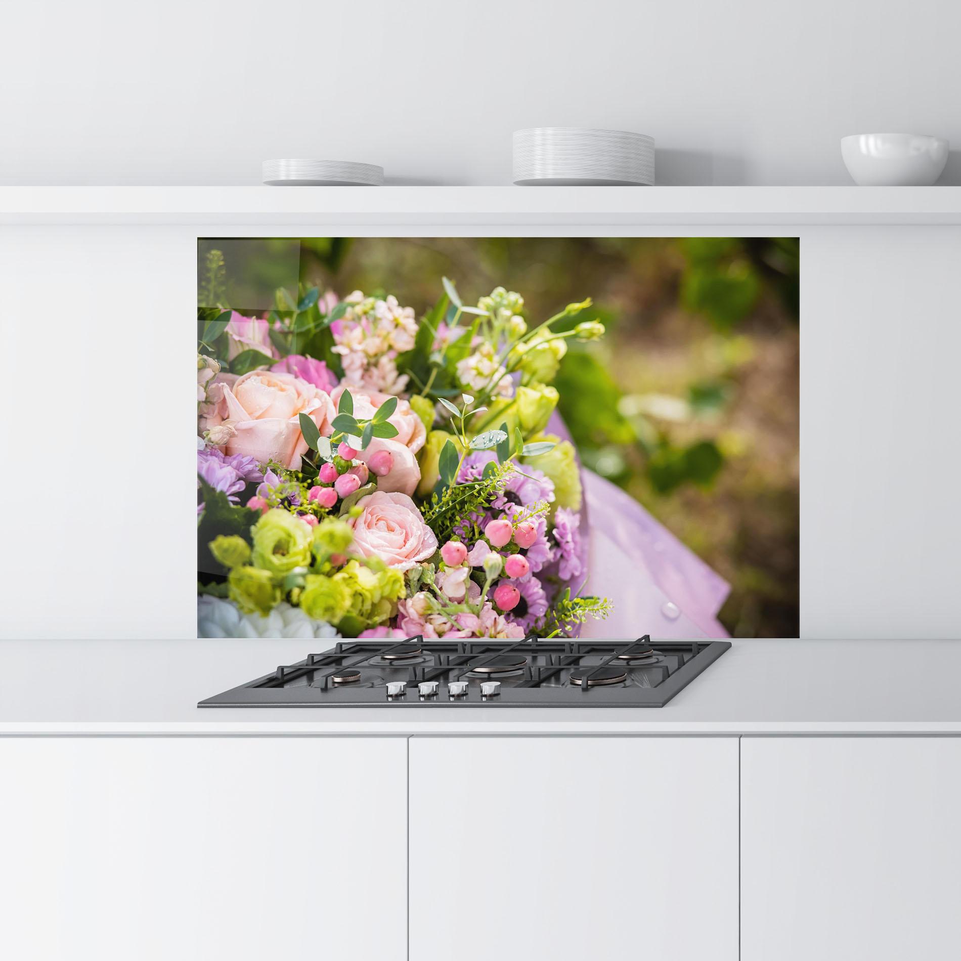 Küchenrückwand Glas Green Pink Bouquet mockup 9
