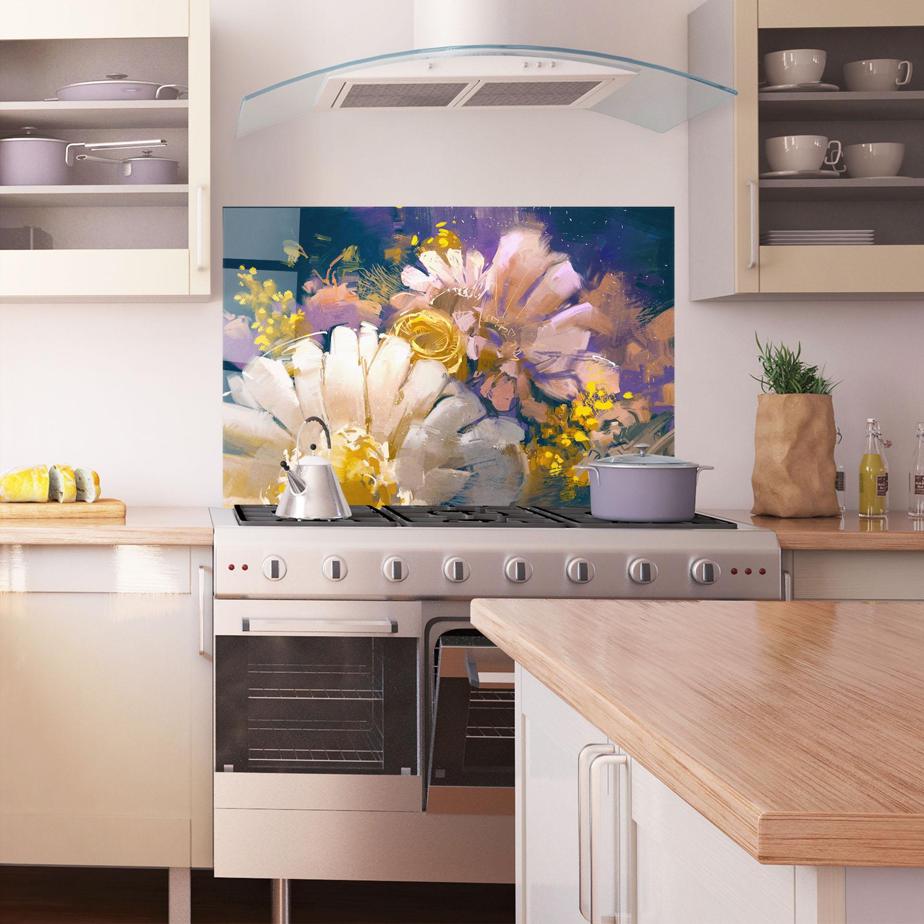 Küchenrückwand Glas Gold Purple Flowers mockup 1
