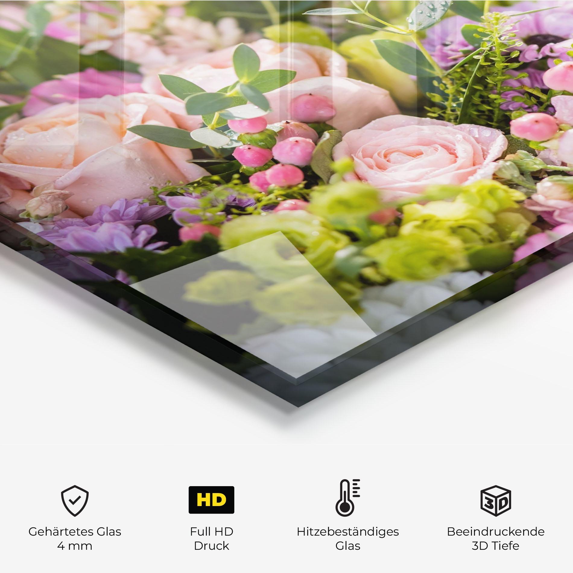 Küchenrückwand Glas Green Pink Bouquet mockup 2