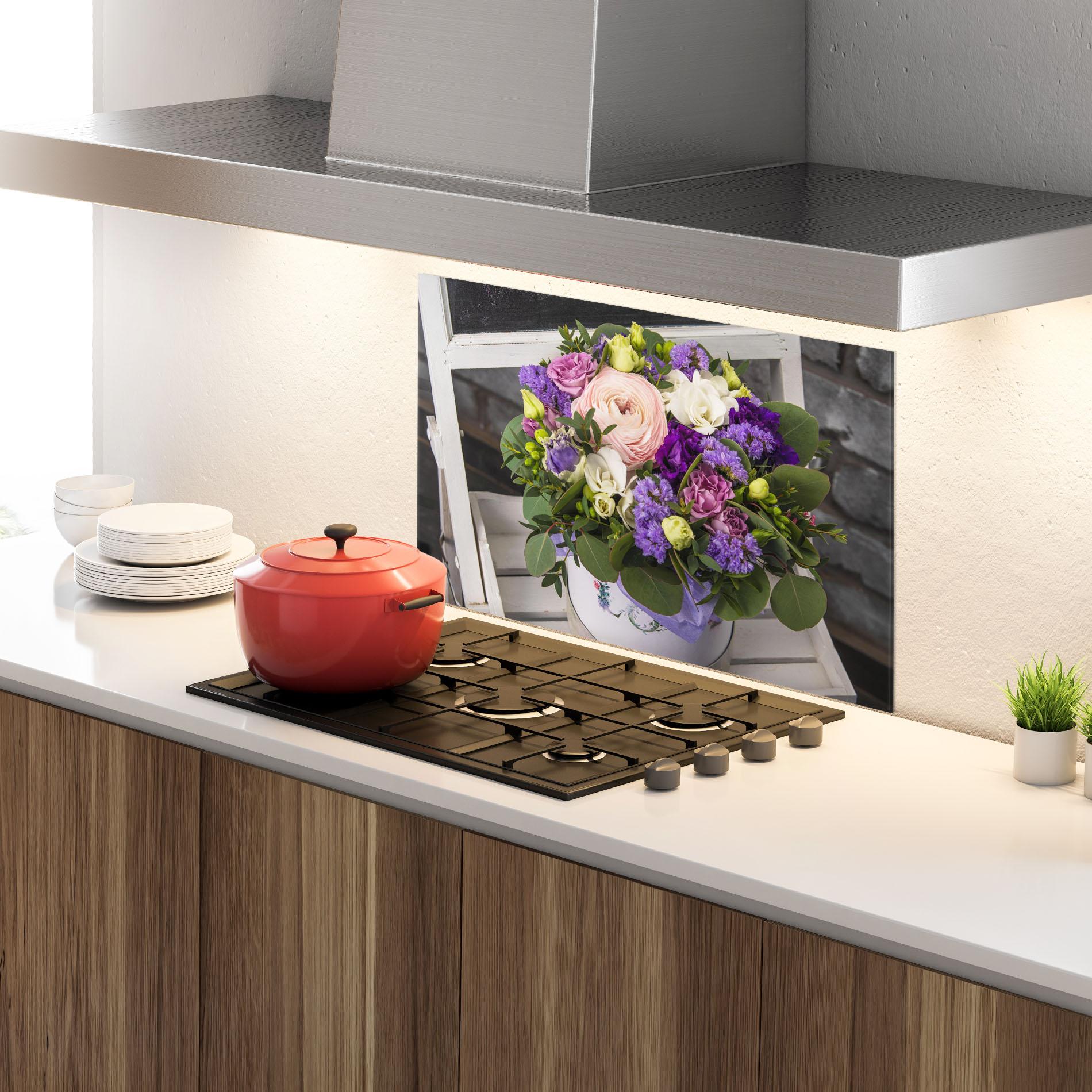 Küchenrückwand Glas Big Pink Rose Bouquet mockup 4