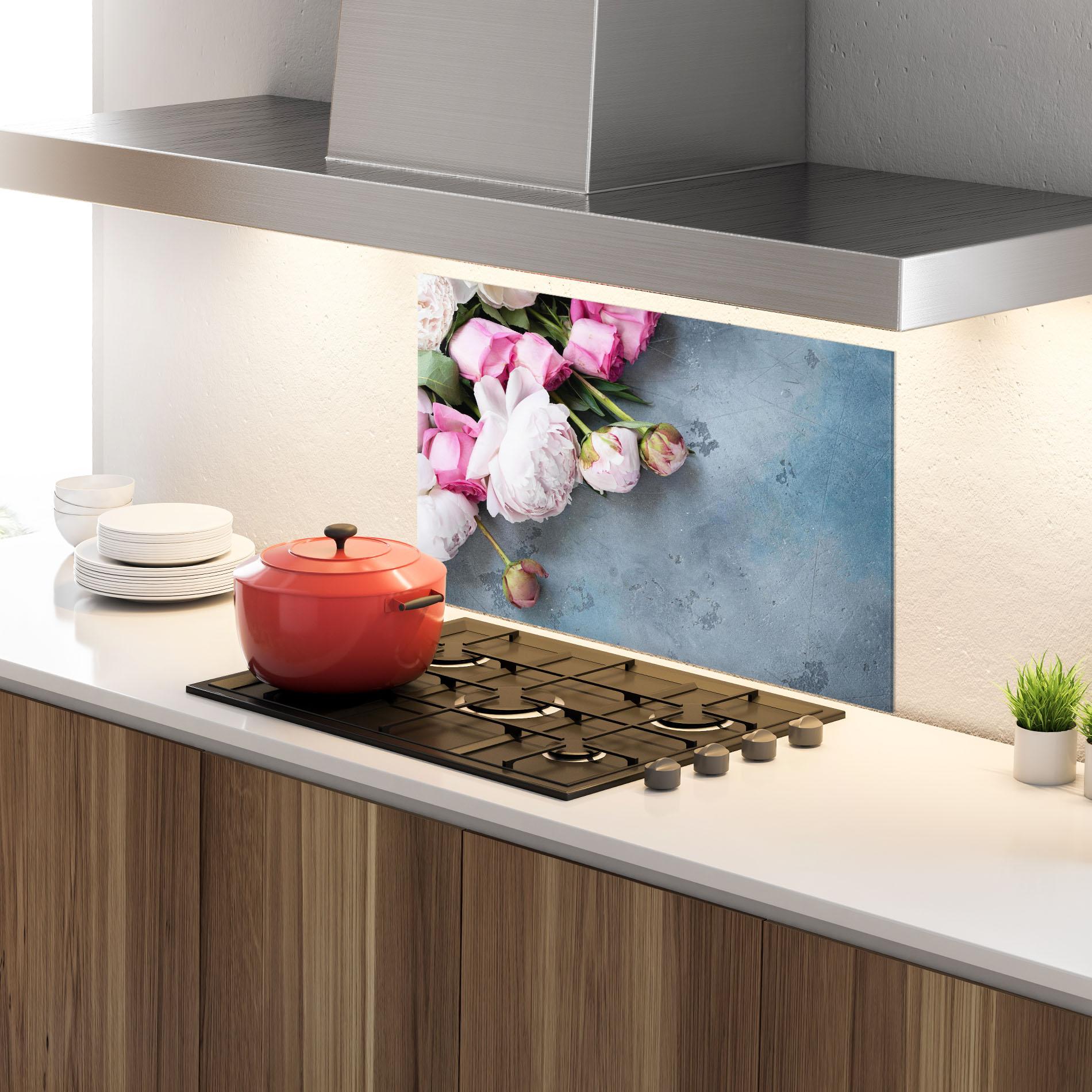 Küchenrückwand Glas Cute Pink Peonies mockup 4