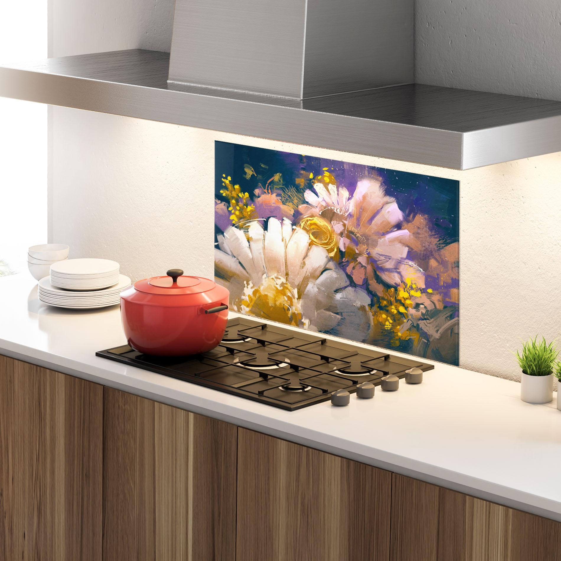 Küchenrückwand Glas Gold Purple Flowers mockup 4