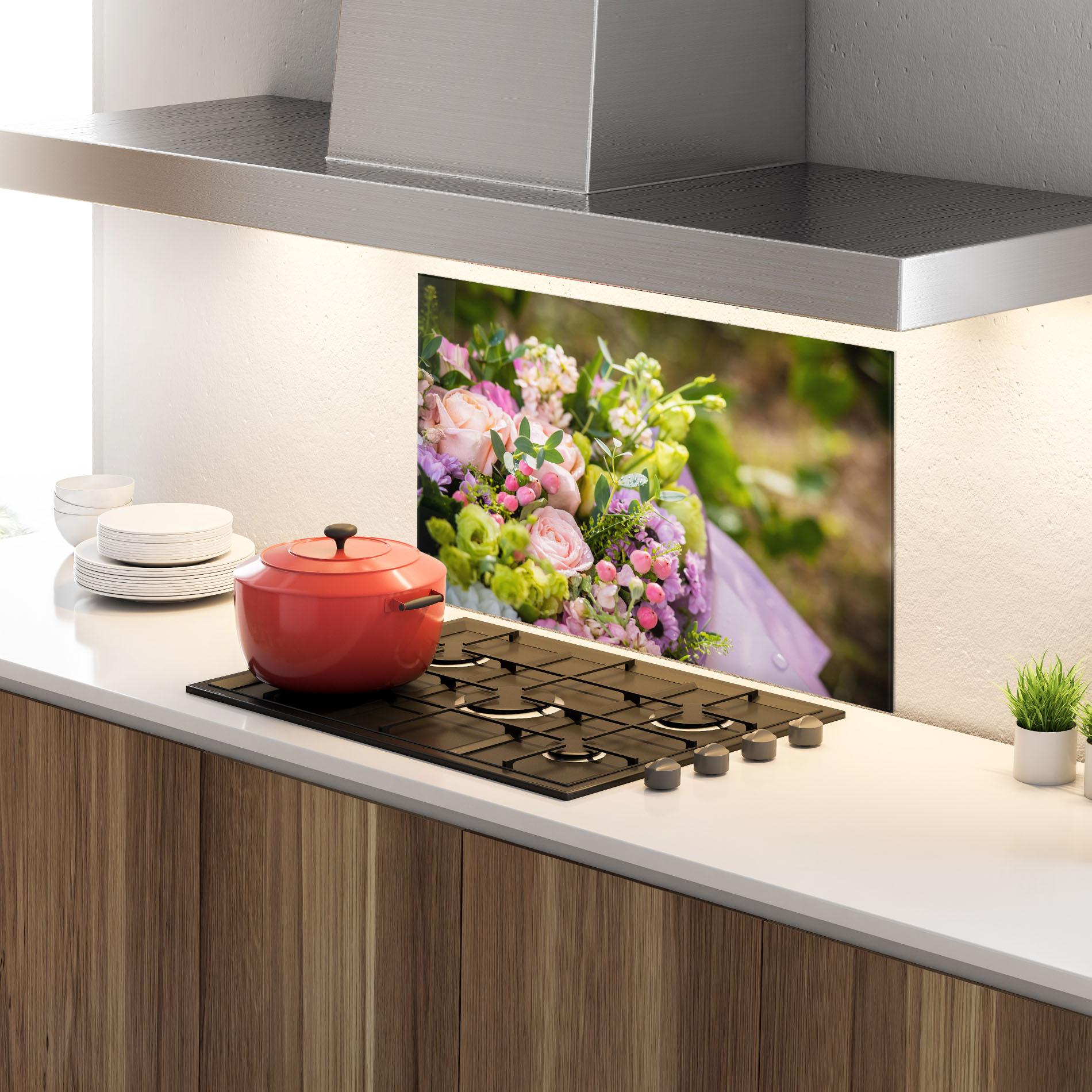 Küchenrückwand Glas Green Pink Bouquet mockup 4