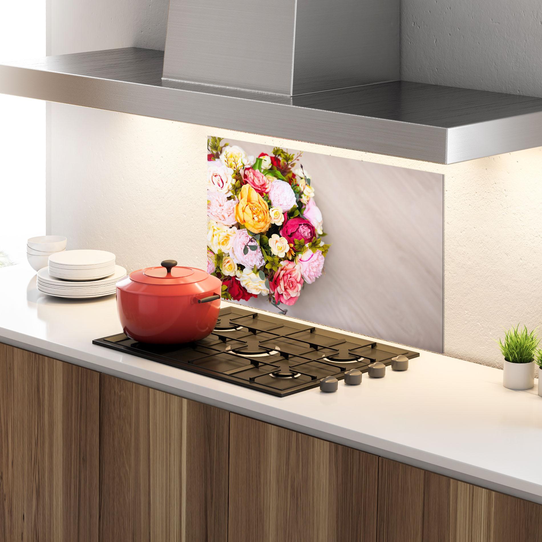 Küchenrückwand Glas Orange Purple Bouquet mockup 4